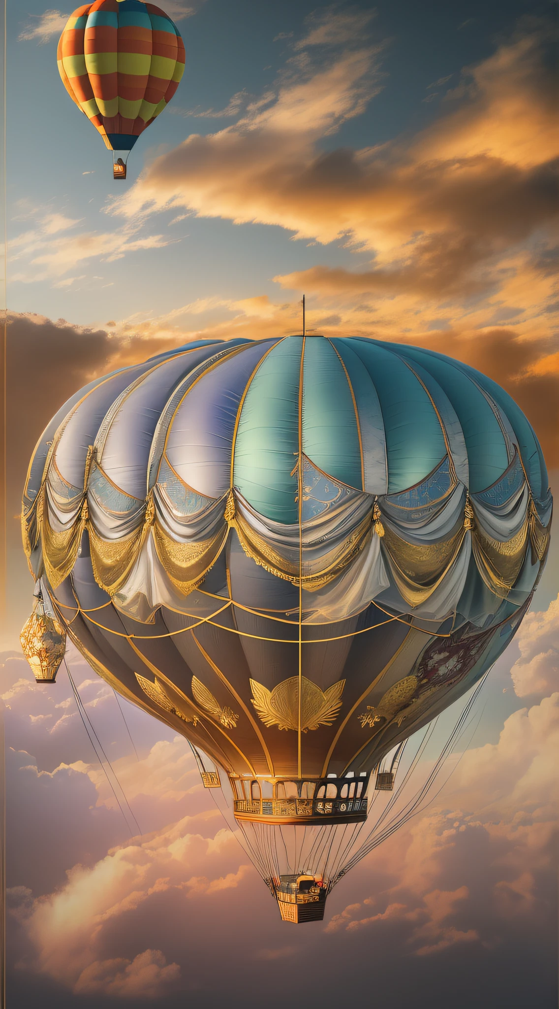 (best quality,4k,8k,highres,masterpiece:1.2), ultra-detailed, realistic:1.37, vivid colors, HDR, luxury hot air balloon floating in the sky, golden glow, mesmerizing scenery, breathtaking view, sparkling fabric, intricate details, enchanting sunset, whimsical clouds, panoramic landscape, dreamlike atmosphere, graceful movement, majestic presence, ethereal adventure, magical journey, glamorous experience, gentle breeze, picturesque backdrop, opulent design, exquisite craftsmanship, radiant glow, opalescent hues, golden hour, serene horizon, floating above the clouds, tranquil escape, luxurious escape, peaceful ambiance