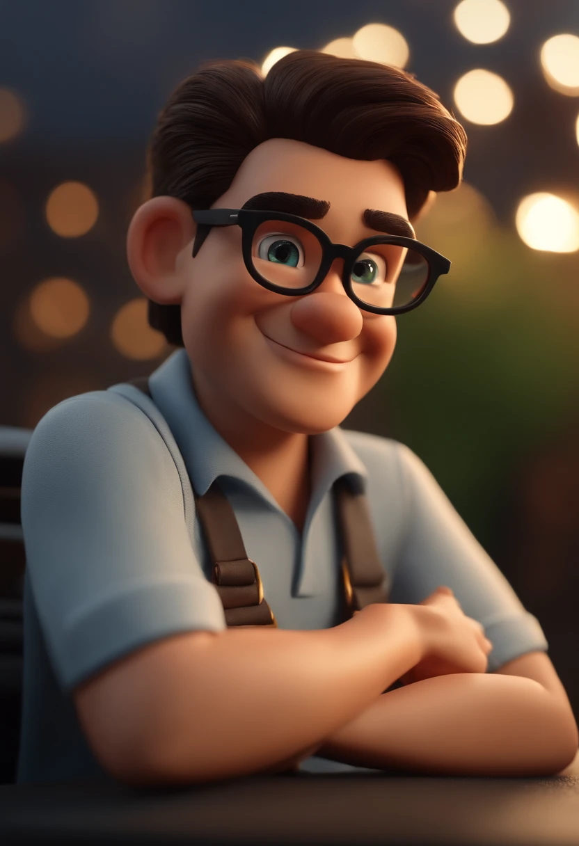 Garoto, estilo disney, tom de pele escuro:  Cabelo: preto escuro, curto. square eyeglasses. camisa: gola Polo preta. Cor preta. Fundo: Gray and white gradient,Comemorando, Hands raised, sorrindo, feliz, (estilo pixar) (obra-prima:1.2) (bokeh) (melhor qualidade) (pele detalhada) (textura detalhada) (8k) (claymation) (cinematic lighthing) (foco nítido