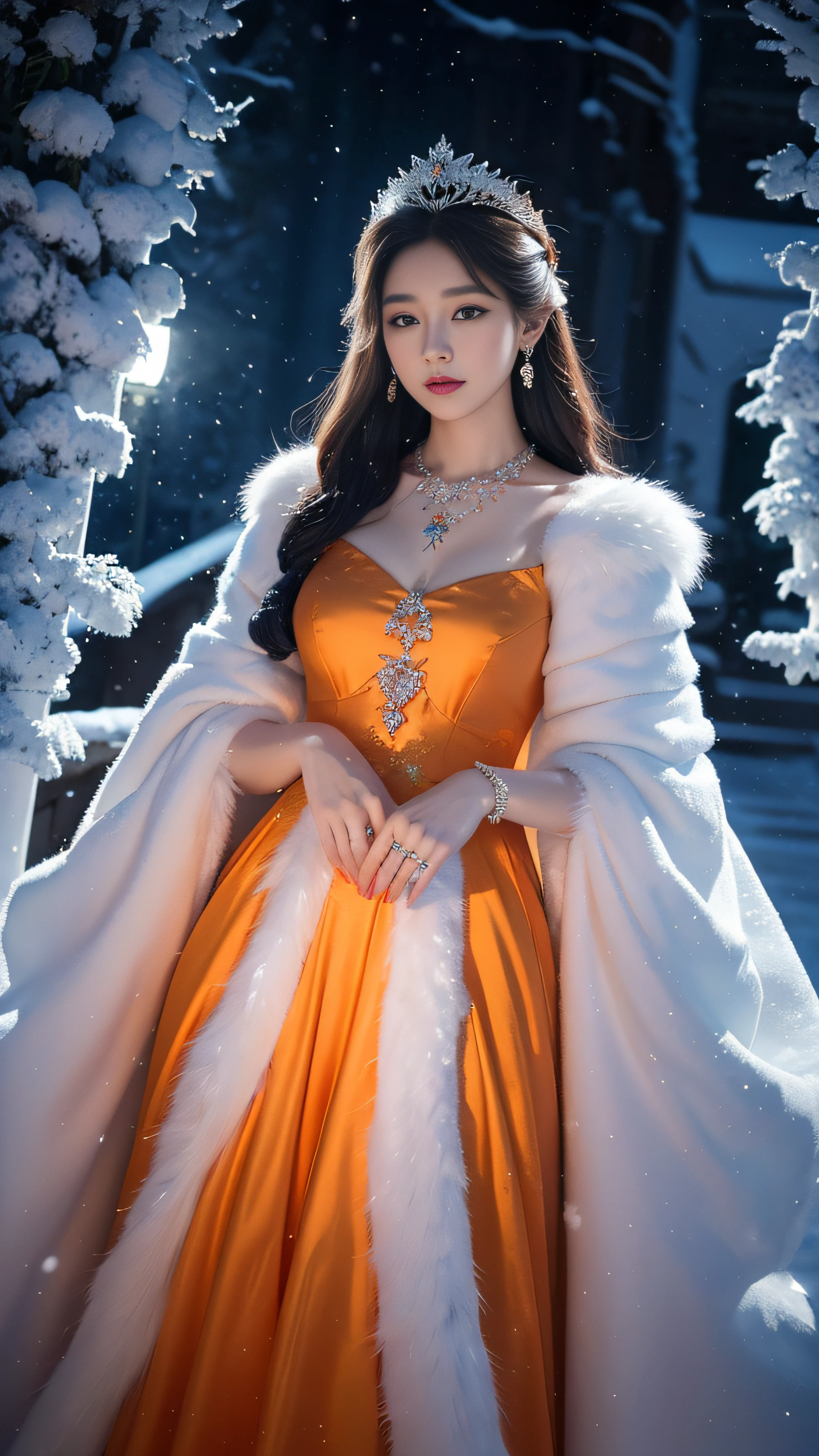 There was a woman in a orange dress，Wearing a necklace,((a beautiful fantasy empress).inspired by Sim Sa-jeong，Azure.detailed hairs,winter snow falling princess,LCE Princess,Guvez-Steville artwork,8K)),fantasy aesthetic!.Guviz,Ice Queen,8k high-quality detailed art.