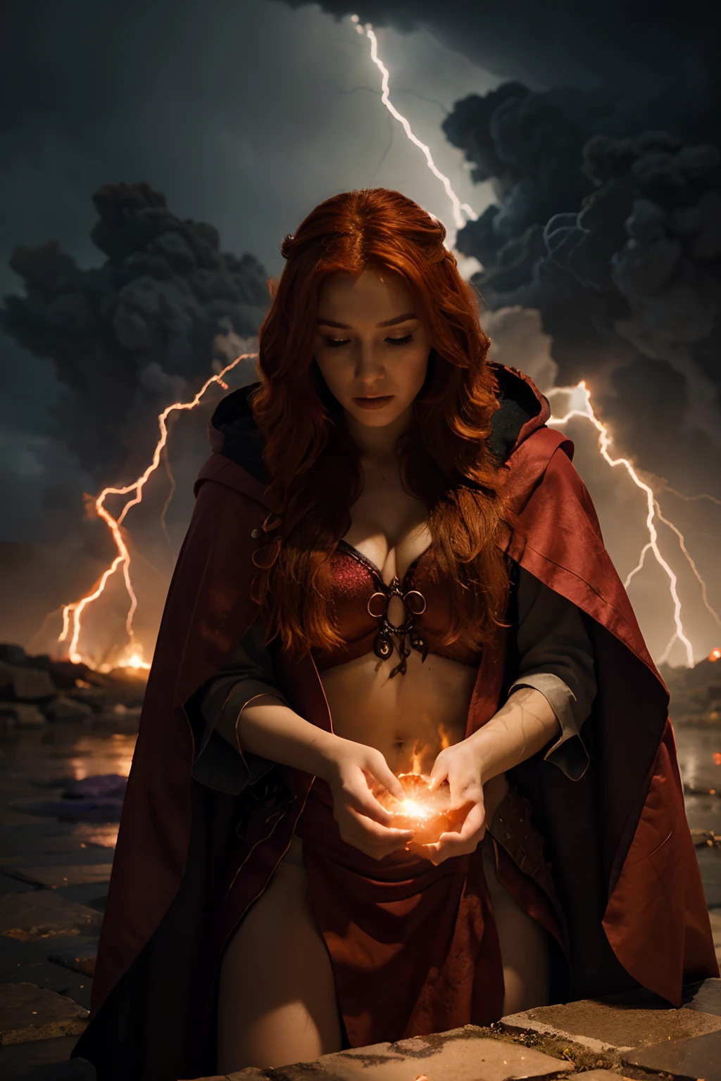 A fiery-haired sorceress, adorned in a flowing red cloak, unleashes a devastating spell in the midst of a raging thunderstorm. Captivate with intricate details, vibrant colors, and a sense of raw power. --ar 16:9 --v 5.2