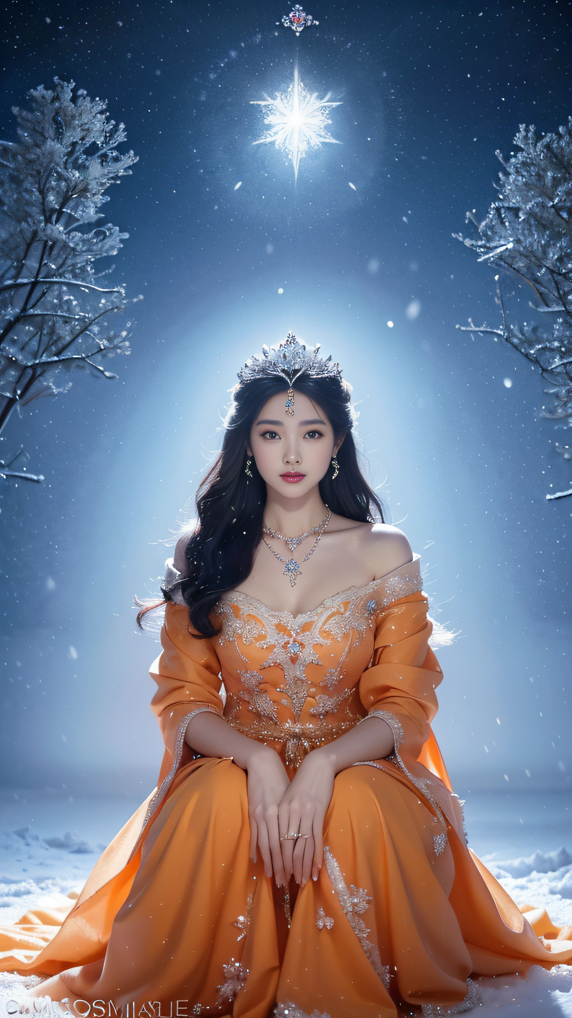 There was a woman in a orange dress，Wearing a necklace,((a beautiful fantasy empress).inspired by Sim Sa-jeong，Azure.detailed hairs,winter snow falling princess,LCE Princess,Guvez-Steville artwork,8K)),fantasy aesthetic!.Guviz,Ice Queen,8k high-quality detailed art.