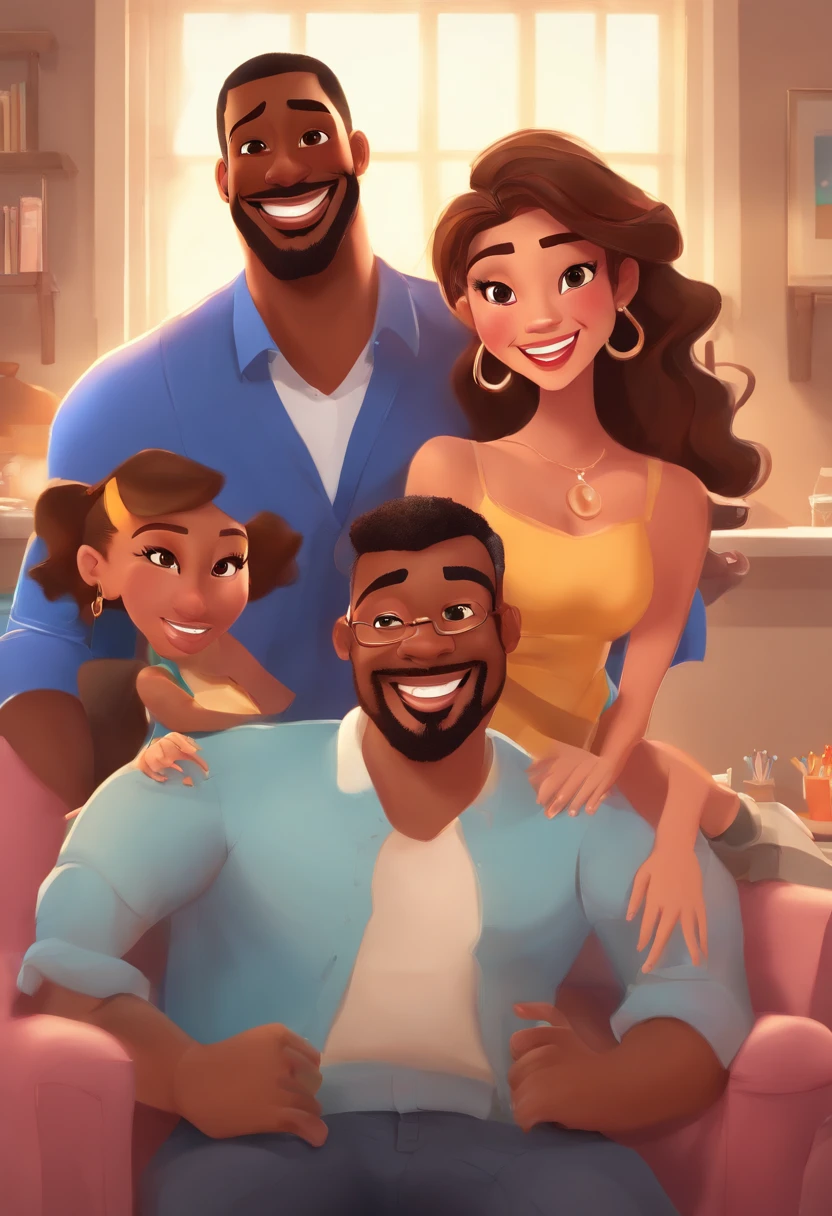 An illustration of an adorable couple, Highlight for a chubby mulatto man with glasses smiling and a brunette woman with beautiful expressive eyes - the man's skin is mulatto and the man's hair haswhile the woman's skin is black and the woman's hair is straight and brown. They are a bright room, cada um com um sorriso no rosto, e compartilhar um momento especial caracterizado pelo amor, Insights. Illustrate this scene from a perspective where they are facing the camera, Smiling and Showing Your Connection. Desenvolva esta arte em Full HD, Focus on your cinematic touch, Estilo Disney Pixar Animations