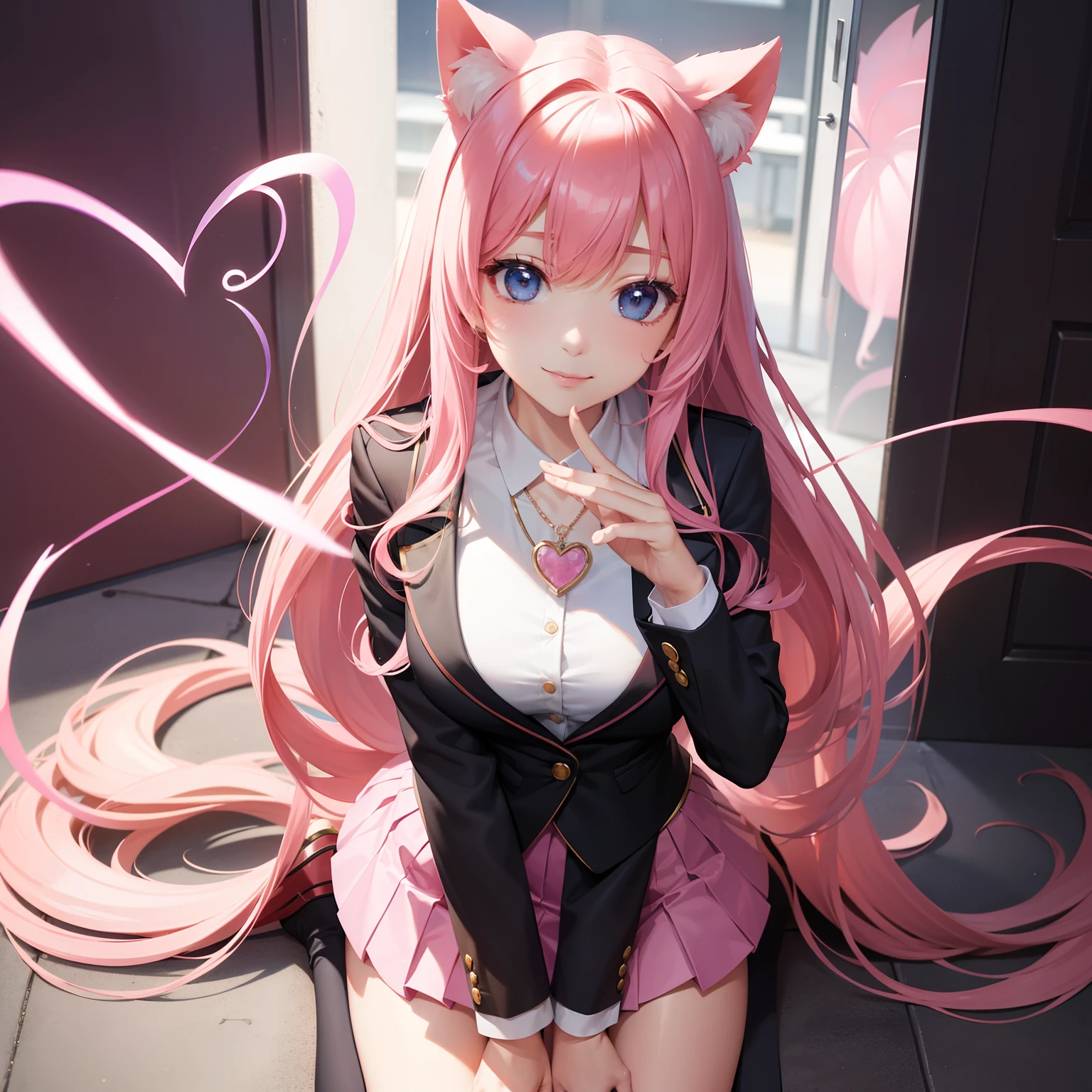 full body Esbian, masutepiece: 1.2, Highest quality), (Live-action, elaborate detail), (1 Lady, Solo, Upper body,) Clothing: avant-garde, navy Blazer, Pink miniskirt, High school uniform , Long hair with pink double tails,,,、Avant-garde, experimental Appearance: Pink two-tailed hairy 、heart shaped necklace、Location: school, crass room, Solo, Nice smile, spark of light, rainbowing、brilliance、Value creation in mixed media art: individuality, Authenticity, Creative expression