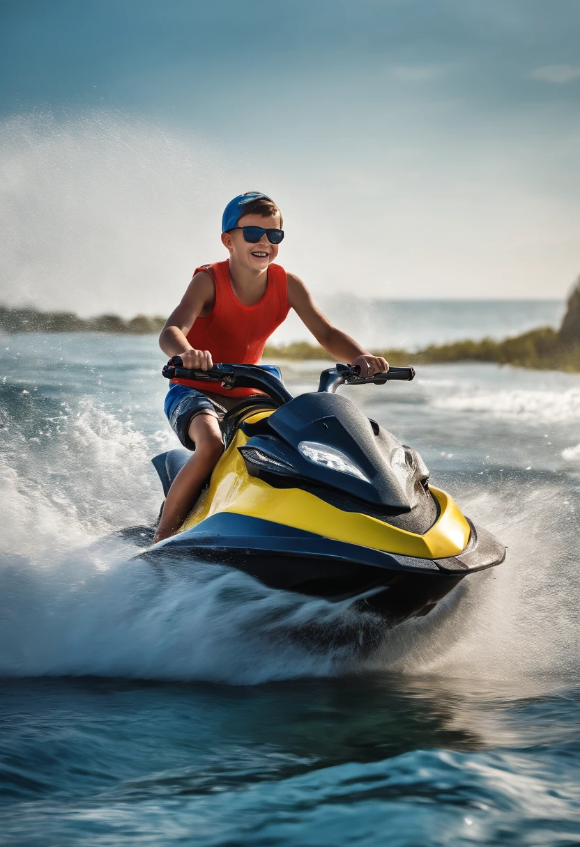 (best quality,highres,ultra-detailed,realistic:1.2),a boy with a blue cap and dark sunglasses riding a jet ski,bluish color tones,crystal clear water,sunlit waves,splashing water droplets,flying seagulls,stunning beach landscape,excitement and adrenaline, a summer adventure,powerful watercraft,feeling the breeze on his face,endless horizon,thrilling speed,lively atmosphere,loud engine noise,vivid blue sky,highlighted facial expressions,captivating reflections on water surface,active and dynamic composition,sharp focus on the boy's features,rippling wave patterns,strong contrast between the boy's attire and the surroundings,energetic and vibrant appearance,action-packed scene,happy and carefree atmosphere, sunny weather with vibrant colors,rocky coastline in the background,invigorating spray of water,adrenaline rush,joyful moments of freedom.
