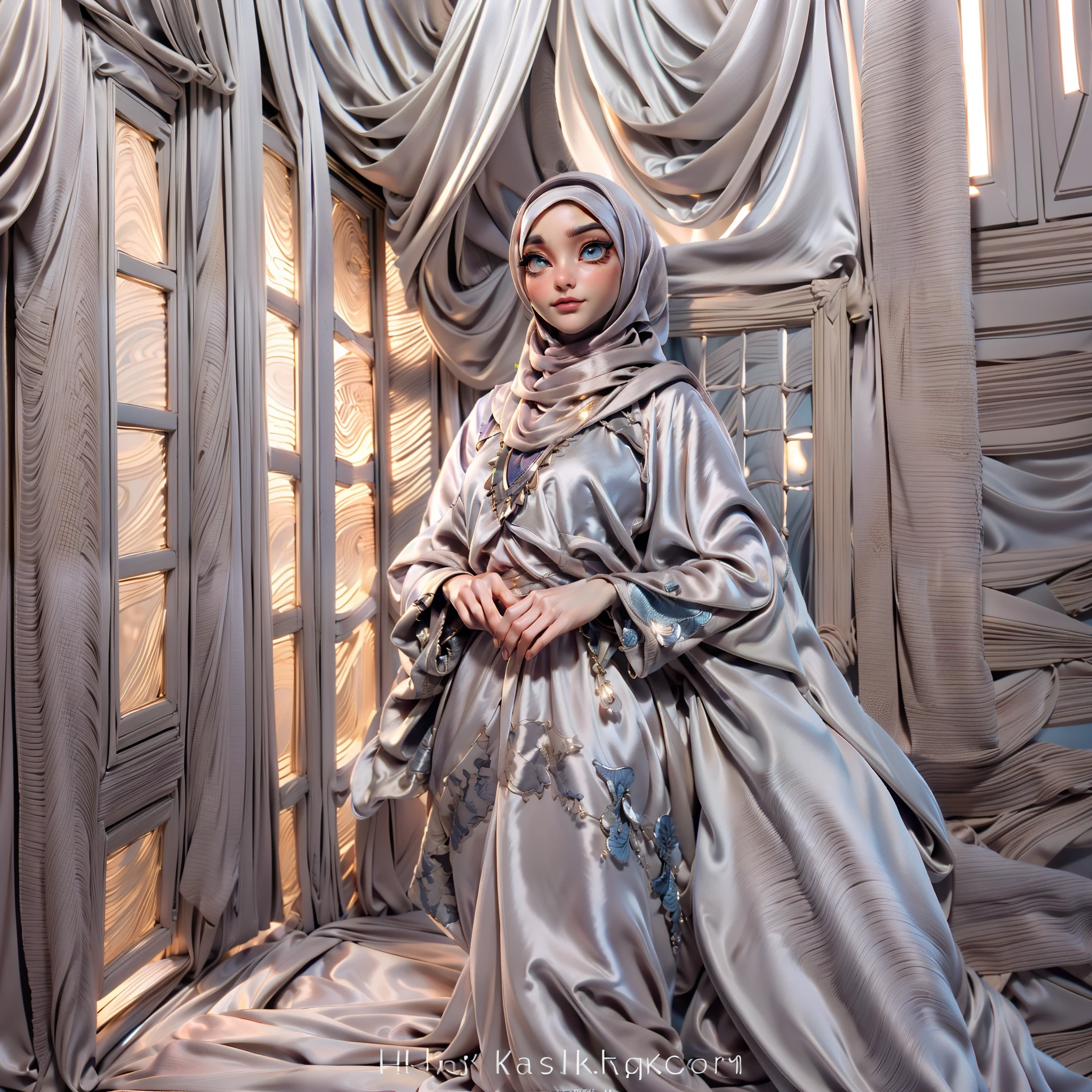 3DMM, ((Masterpiece, best quality, photography, detailed skin, realistic, photo-realistic, 8k, highly detailed, full length frame, High detail RAW color art, diffused soft lighting, shallow depth of field, sharp focus, hyperrealism, cinematic lighting, hijab, a woman in a beautifully makeup, eyeshadow, beautiful big eyes, long eye lashes, wearing (Gray satin hijab), loosely tide hijab style, ((Taupe satin kaftan)),