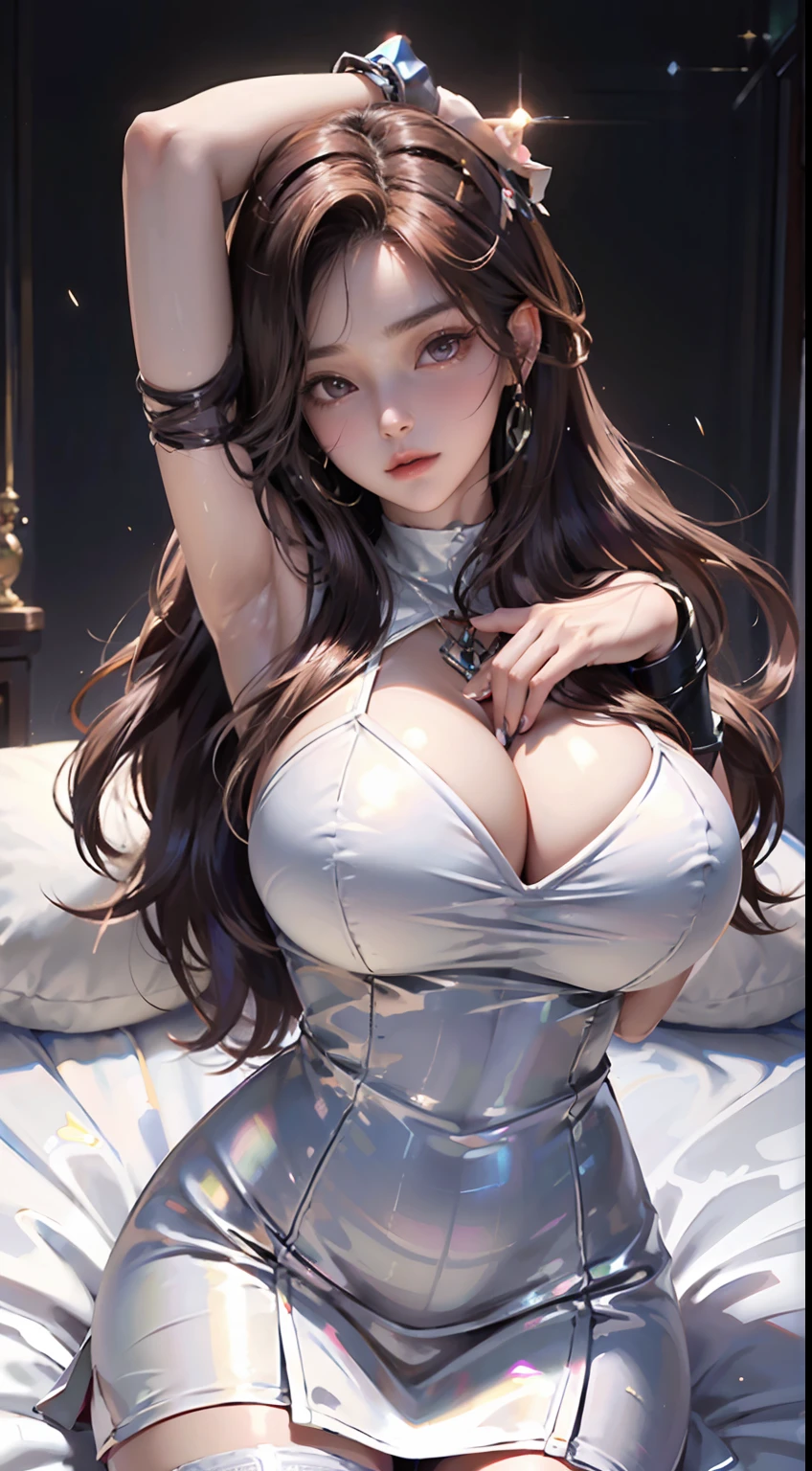 ((Realistic light, Best quality, 8k, Masterpiece :1.3)), Selfie, 1girl, Pretty woman with perfect figure :1.4, abs :1.1, (Brown hair, Huge breasts :1.5), thin transparent white dress :1.2, Bed, Ultra-detailed face, Detailed eyes, Double eyelid, perfect hands perfect fingers perfect breasts perfect hair perfect face perfect body, (shiny skin)