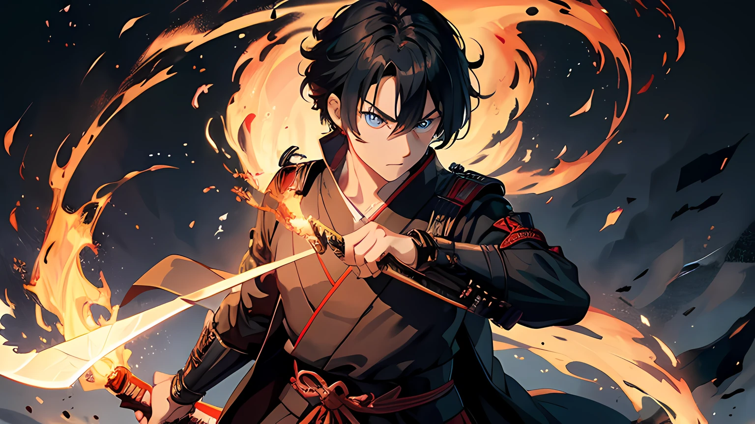 a young male samurai, wearing military uniform. he is a righteous samurai who fight demon. he hold a sword with flames coming out from his sword. The background is a swirling flame in Katsushika Hokusai style. stood in front of a huge transparent glowing projection. Has a demonic aura on his body. Masterpiece, high-resolution, detailed eyes, blue eye color, full body. Ray tracing, dramatic lighting.