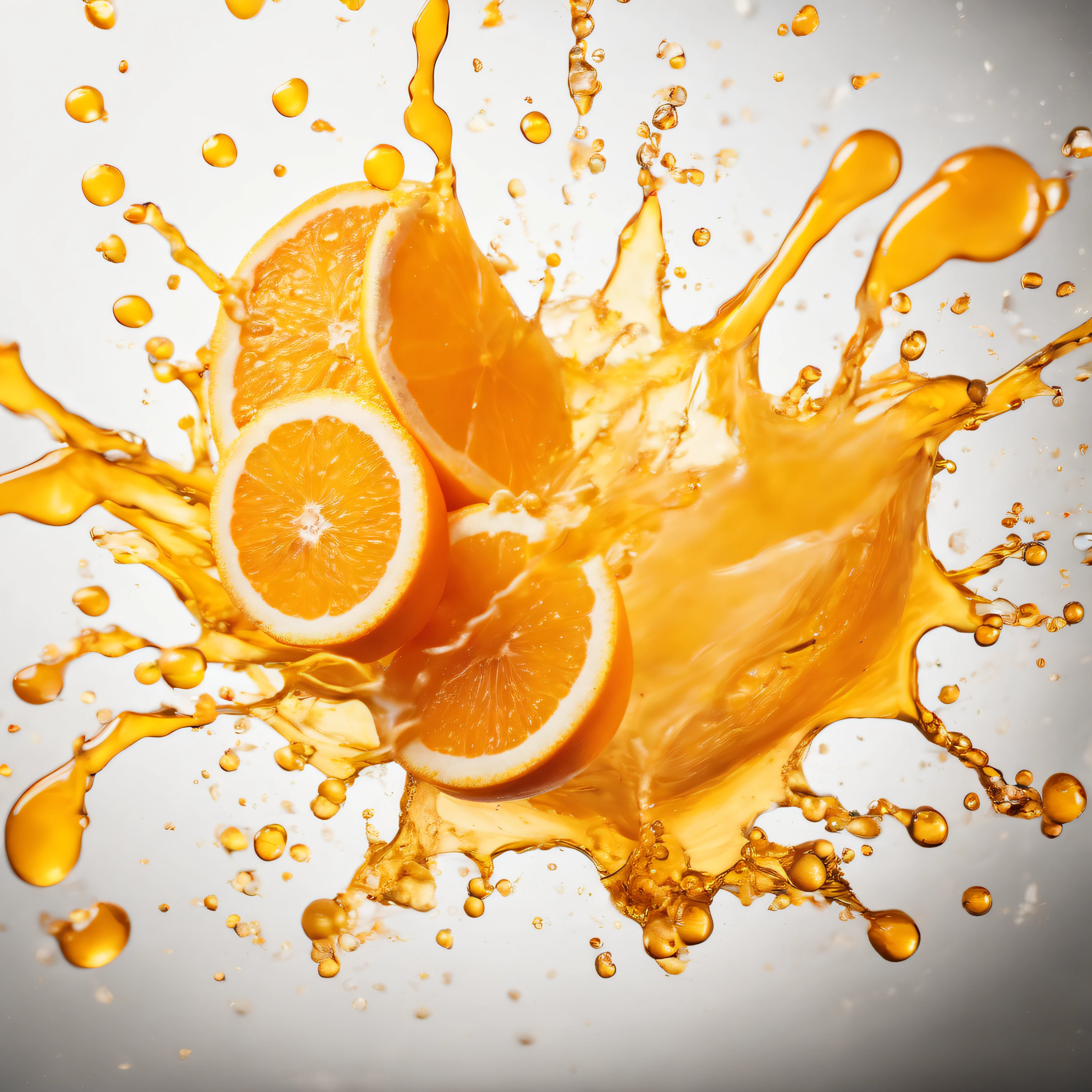 A storm of orange juice explodes, a white background.