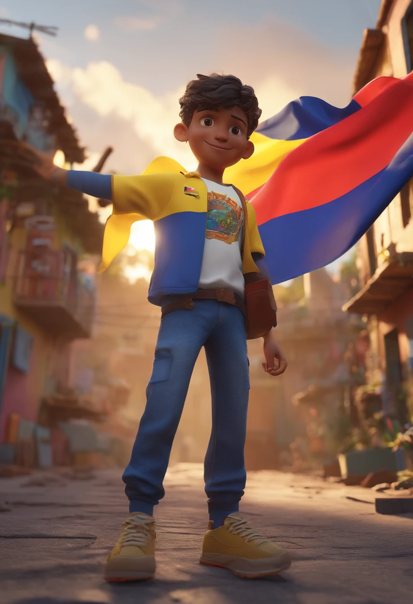 Favela with Colombia flag, boy with gun and disney style team shirt, estilo pixar render ilustracao Super Detalhe, 8k Brasil