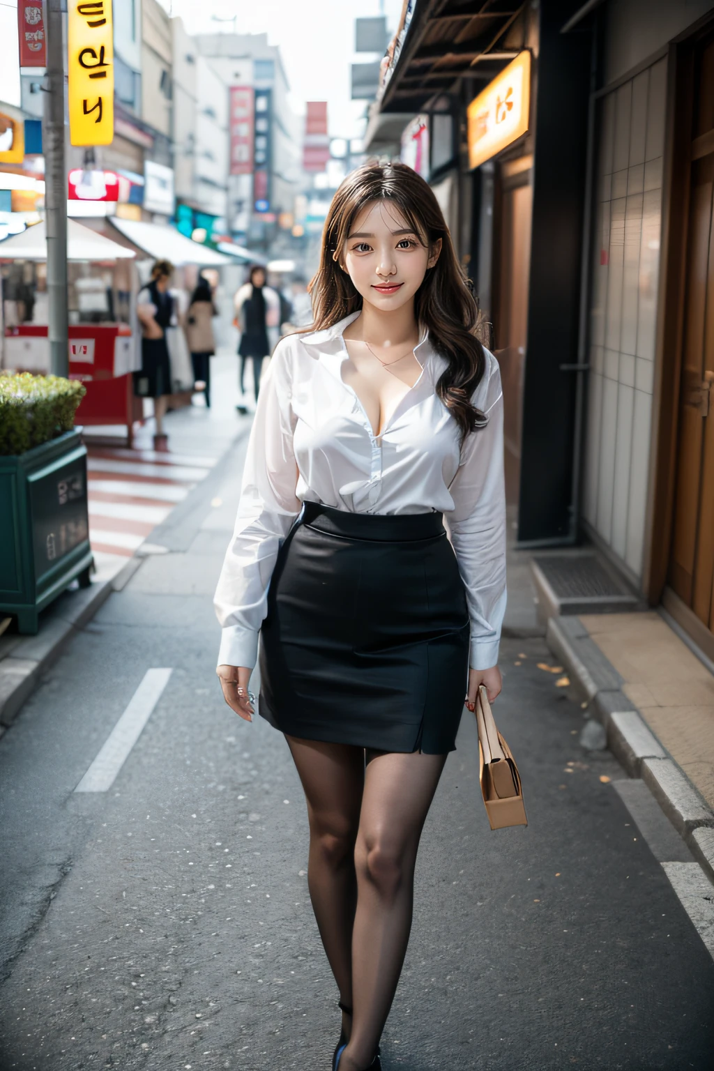 Full body shot, Standing Pose, masutepiece, Best Quality, OriginalPhoto, Absurde, nffsw, 1girl in, Wavy Hair, Long gray brunette, Perfect fingers and slender legs, perfcect big smile, yak,look up at viewer, (((Seoul Street))), intriciate detail:1.3 , Detailed background:1.3, detailed skins, pores, hight resolution, nffsw, beautiful model, Soft light on the face, Bop_Model, mideum breasts, cleavage, ((White shirt_Black Narrow Skirt)), Black High Heels, Black pantyhose, hazy_light_Background with,