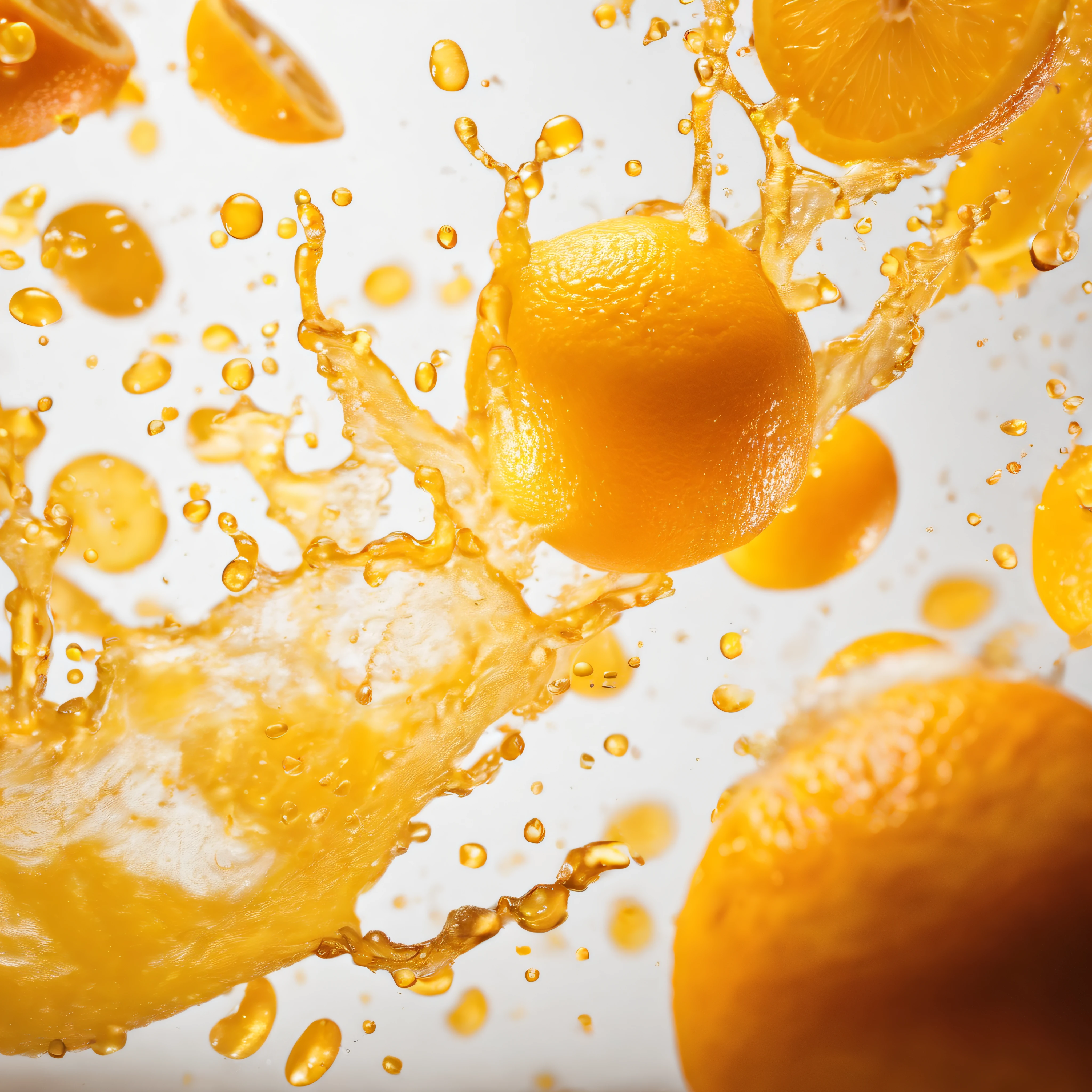 A storm of orange juice explodes, a white background.