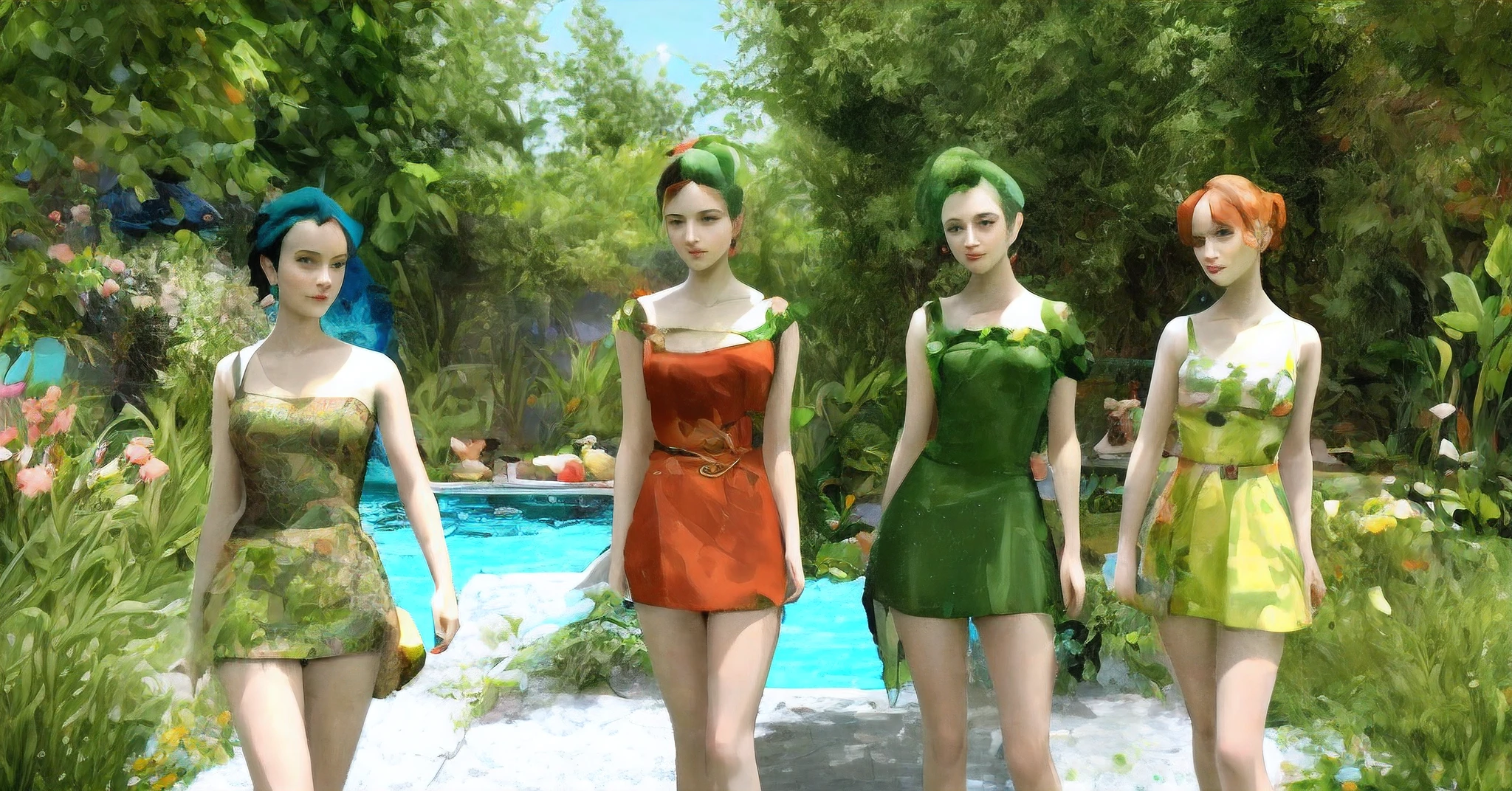Three women in green and brown dresses stand next to the pool, in a cyberpunk garden, inspired by Konstantin Somov, second life avatar, digital collage, Green clothes, Inspired by Barbara Balmer（Barbara Balmer）, photorender, Barbara Balmer, triad of muses, sirens, ecopunk rococo, videogame still, Screenshot of fashion game, the non-binary deity of spring