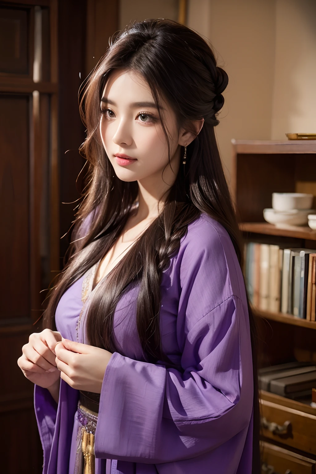 Ancient beauty，Purple ancient clothes，Ancient coiled hair，Stunning beauty