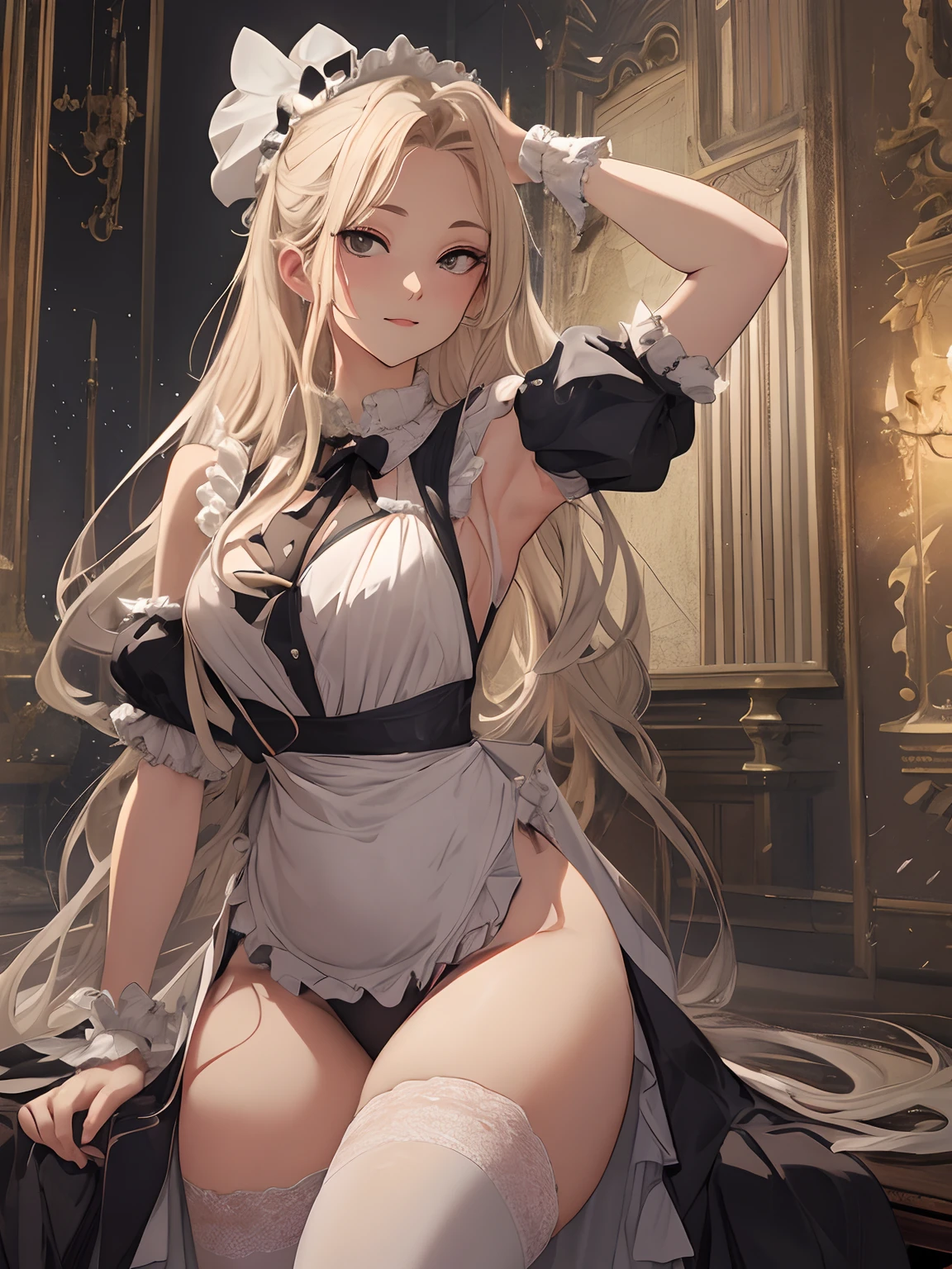 top-quality、realistic touch,high-detail、photoRealstic、 、A girl who remains young、Long body、Sheer costumes、Not wearing underwear、big eye、long lashes、Long upper eyelashes、platinum-blonde、cute little、Beautie、A sexy、full body Esbian、Sparkling eyes、Submissive smile、Flushed cheeks、Kamimei、Pose with buttocks sticking out、thin-waist、Sleeveless、visible from the side、Sexy armpits、Voluptuous thighs、Enraptured look、Apron Costume、Plump thighs protruding from knee socks、A maid working in a nobleman's mansion、Clothes with open sides