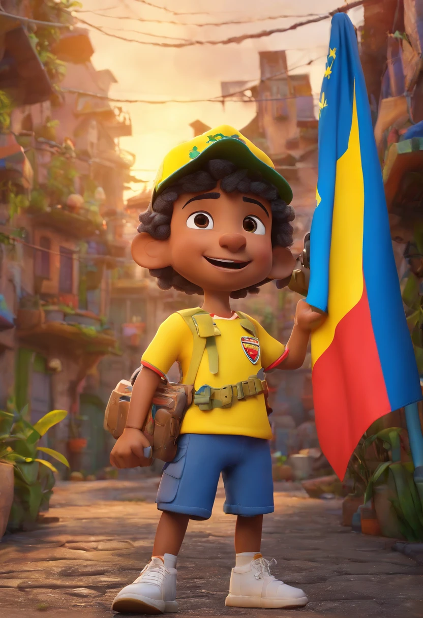 Favela with Colombia flag, boy with gun and disney style team shirt, estilo pixar render ilustracao Super Detalhe, 8k Brazil faction boy in hat on his back