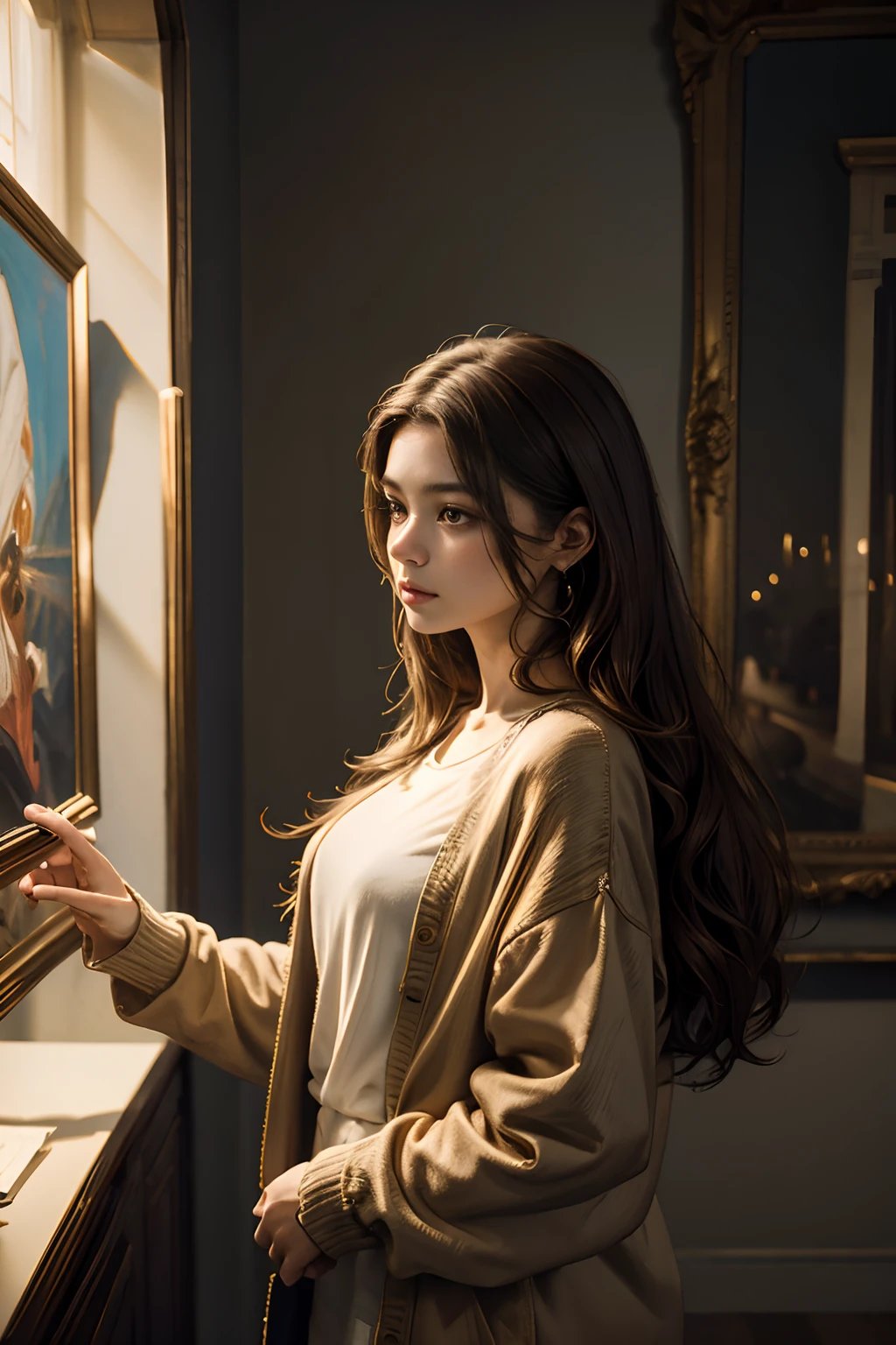 A woman looking at a painting. beautiful. brown hair. modern clothing. 8K image quality.