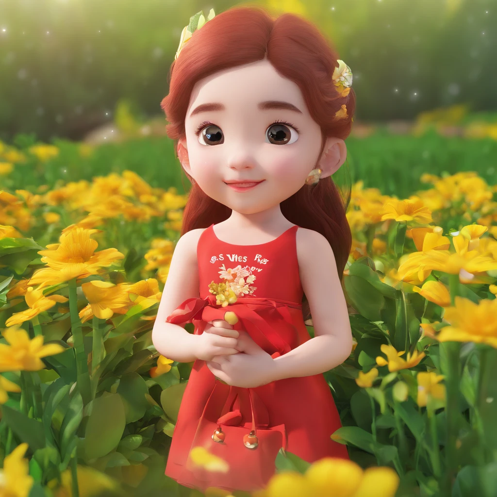 Super cute girl IP, Bright eyes, cherub,small red dress,Glossy and delicate,Good gloss, 3D rendering of，In the green fields，There was a little girl in a red dress，He has long red hair，vivid and vibrant，Holding a peppercorn plant in his hand