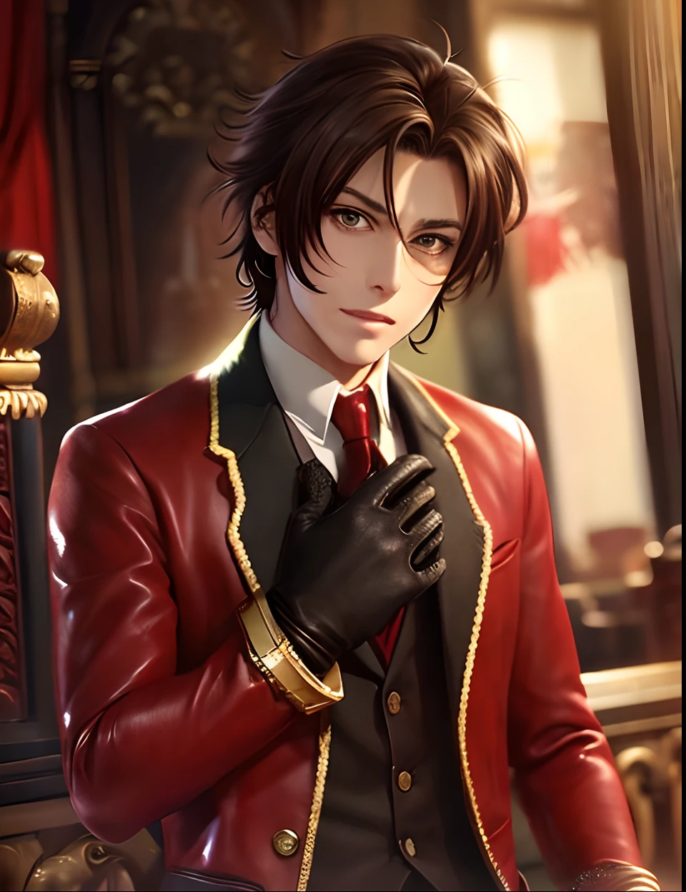 short fluffy black hair,, ((dark brown eyes)), Beautiful, Glossy lips, Detailed eyes、Red earrings、Red leather gloves、Adult male、matured male、Men in anime style、Handsome men、