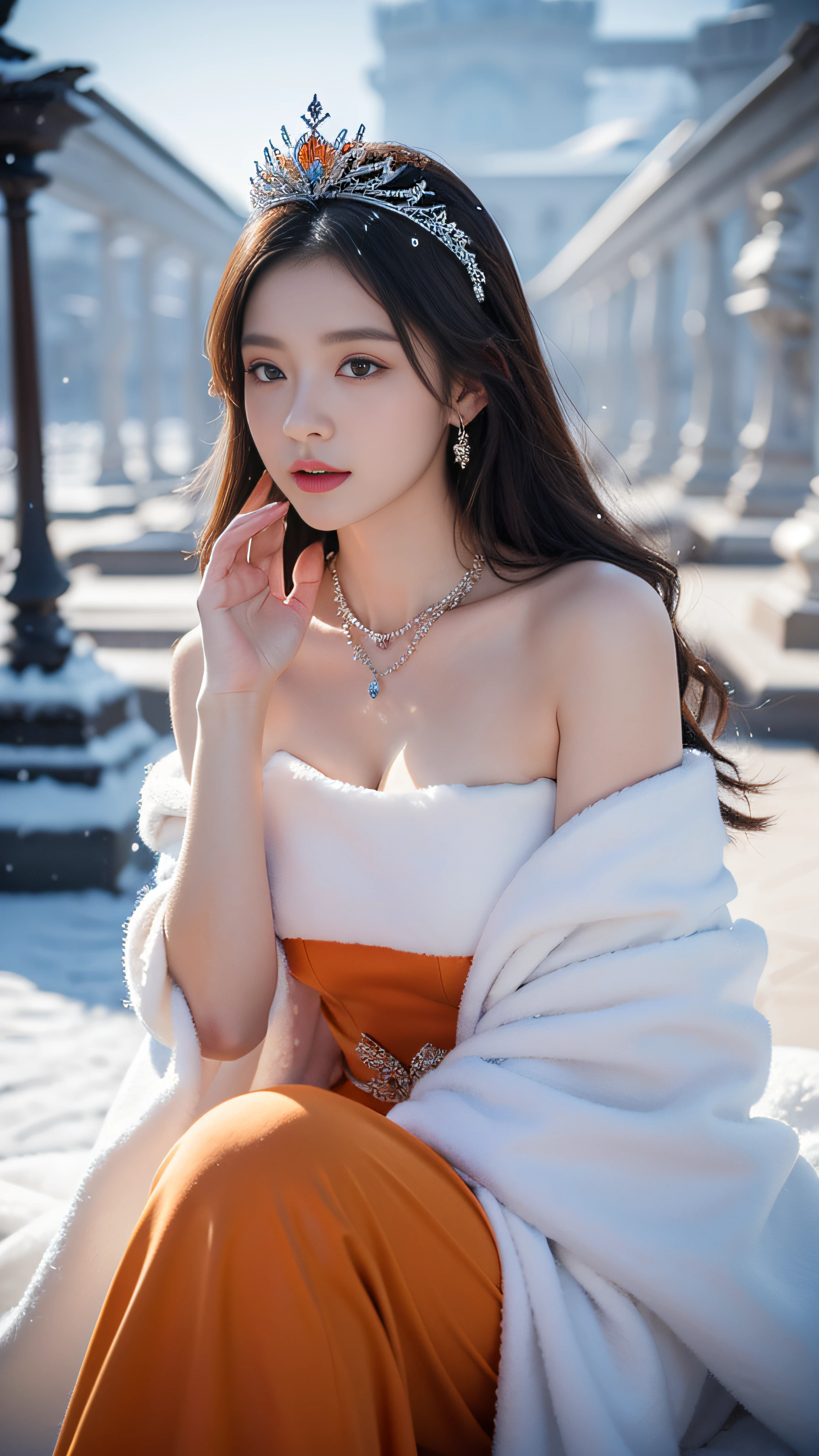 There was a woman in a orange dress，Wearing a necklace,((a beautiful fantasy empress).inspired by Sim Sa-jeong，Azure.detailed hairs,winter snow falling princess,LCE Princess,Guvez-Steville artwork,8K)),fantasy aesthetic!.Guviz,Ice Queen,8k high-quality detailed art.sitting.
