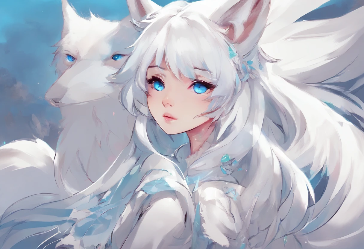 White Fox Girl Fox ears light skinned Light blue eyes komono Hairstyle is bob