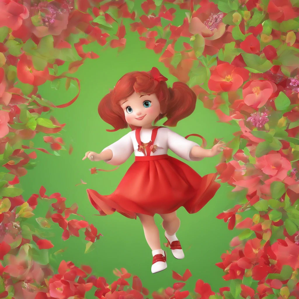Super cute girl IP, Bright eyes, cherub,small red dress,Glossy and delicate,Good gloss, 3D rendering of,in a green field,There was a little girl in a red dress,He has long red hair,vivid and vibrant,