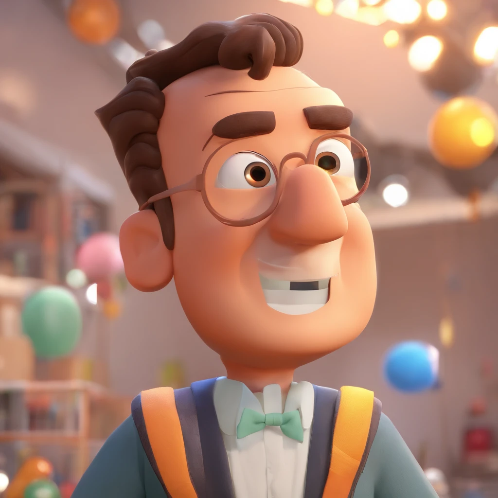 Criar um personagem no estilo Pixar. Trata-se de um homem de 30 anos, com barba, Branco, com cabelos castanhos curtos e um quiff, e olhos castanhos. Ele deve estar na frente de um computador, Trabalhar como designer