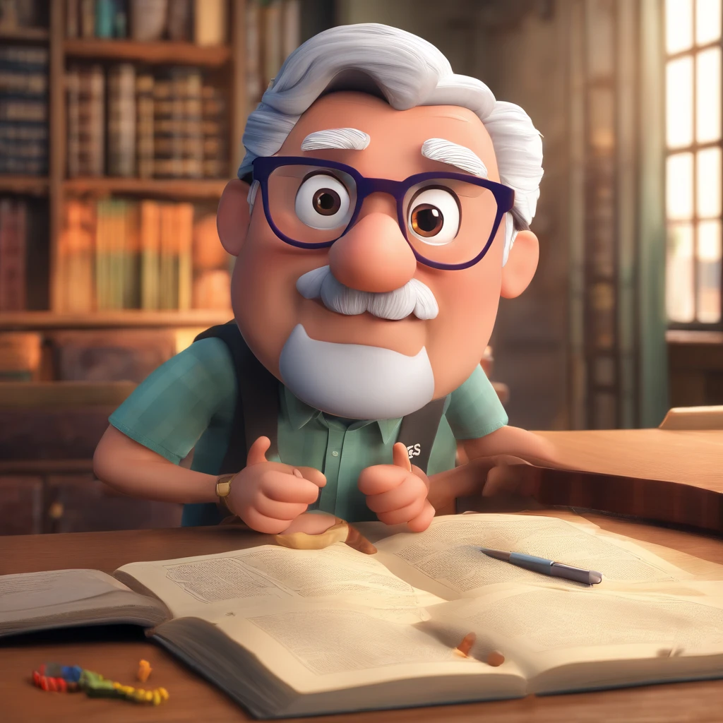 Crie um cartaz inspirado na Disney Pixar com o personagem sendo o pastor Rubens Janier, A gray-haired man wearing glasses, in an office with a Bible on the table
