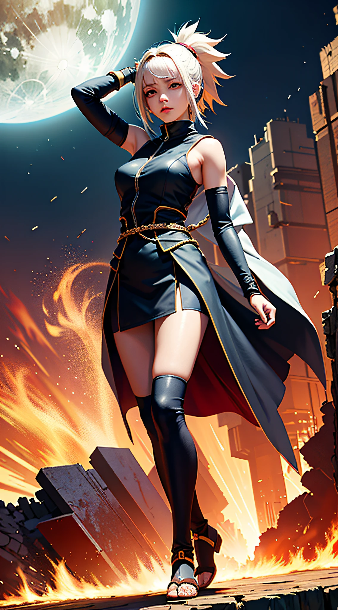 (tmasterpiece),(best qualtiy),realisticlying,Movie light,extreme hight detail,Full body photo of the girl,Hinata in Naruto,stand posture,battleground background,perfect bodies,White eyes,with short white hair
