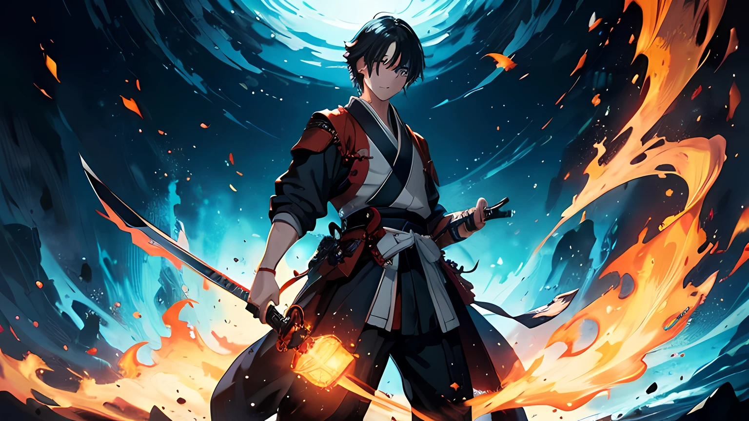 a young male samurai, wearing japan imperial military uniform. he is a righteous samurai who fight demon. he hold a sword with flames coming out from his sword. The background is a swirling flame in Katsushika Hokusai style. stood in front of a huge transparent glowing flame. Has a demonic aura on his body. Masterpiece, high-resolution, detailed eyes, blue eye color, full body. Ray tracing, dramatic lighting.