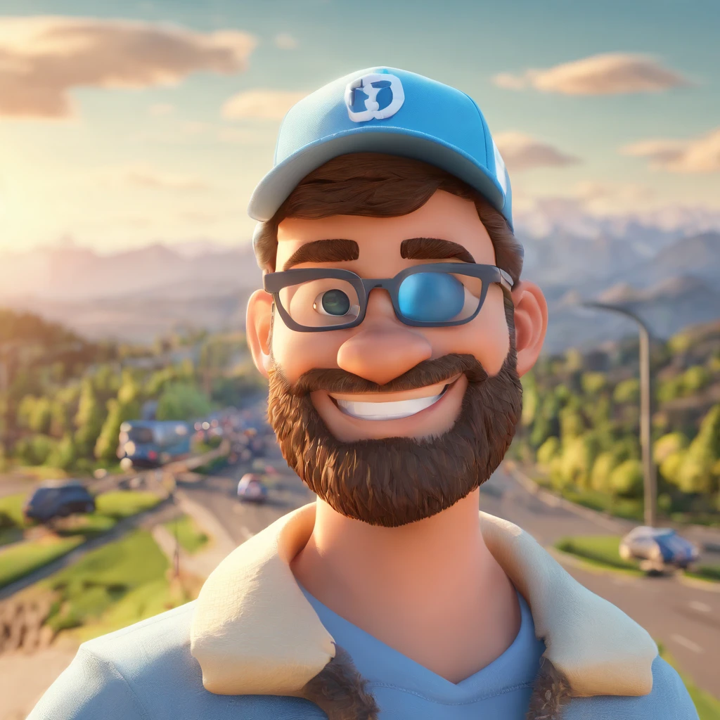Make a Pixar-style image. Bearded 23-year-old man wearing a light blue cap and a blue and white striped polo shirt and smiling. The scenery is a highway with few vehicles and the landscape has green hills