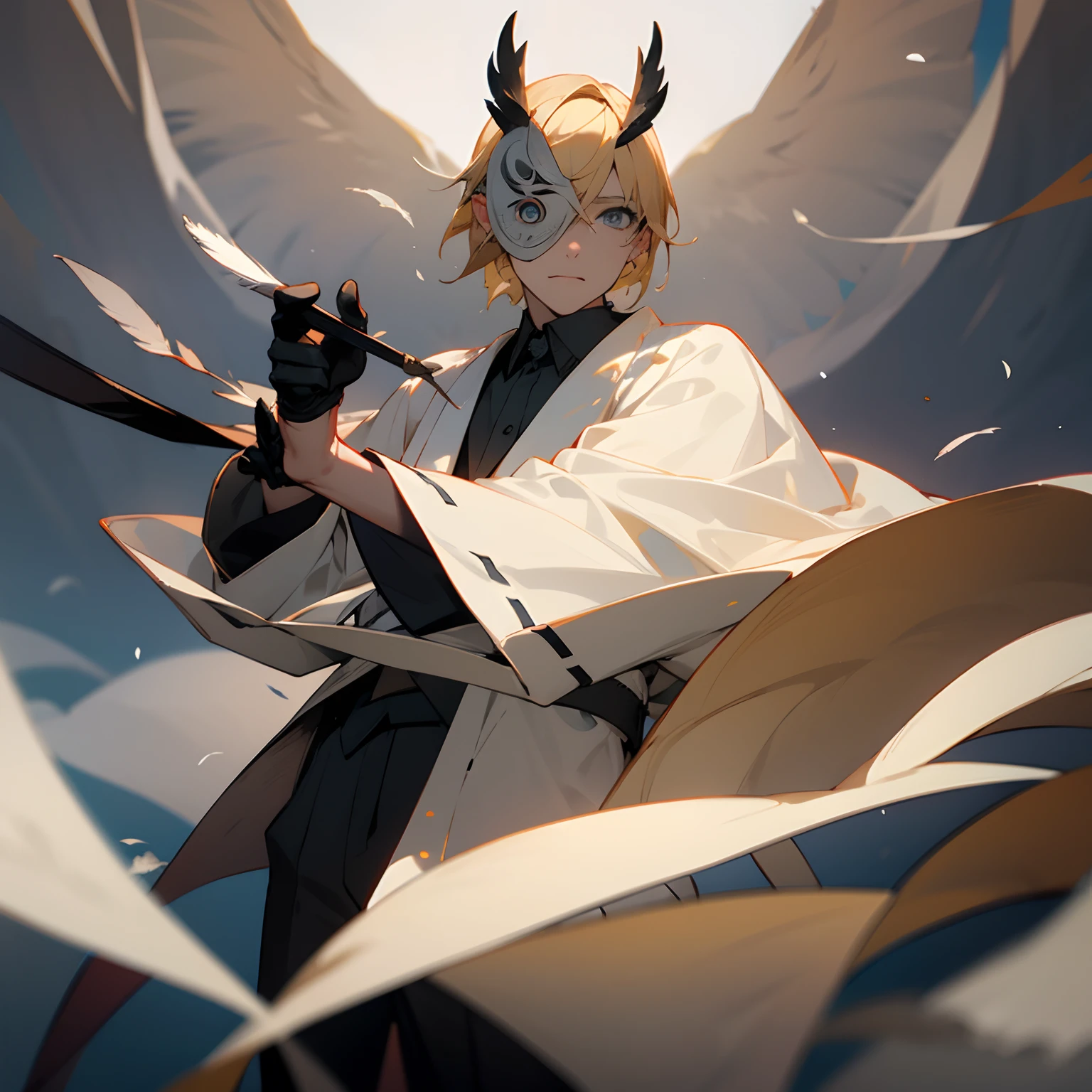 solo male, white robes, grey eyes, black pants, black gloves, owl feathers, owl mask, blonde hair, mask face, fantasy