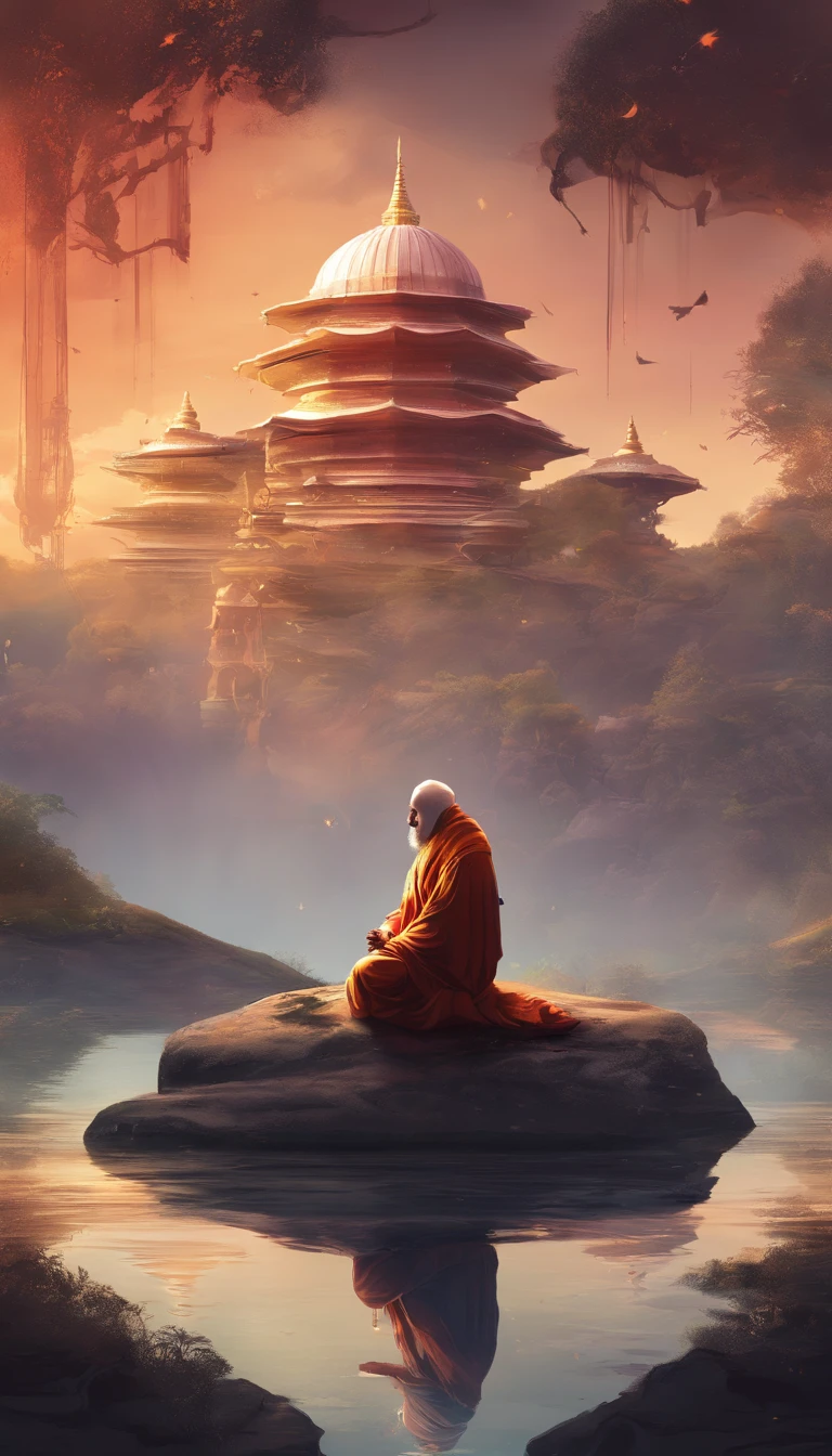 An old monk sits，Extremely old monk，（Pray in a lotus pose），Buddhist monk meditation, (front  view)，front  angle，Big light，hinduism，Beautiful image，epic cinematic shot，Ultra photo realsisim，8K