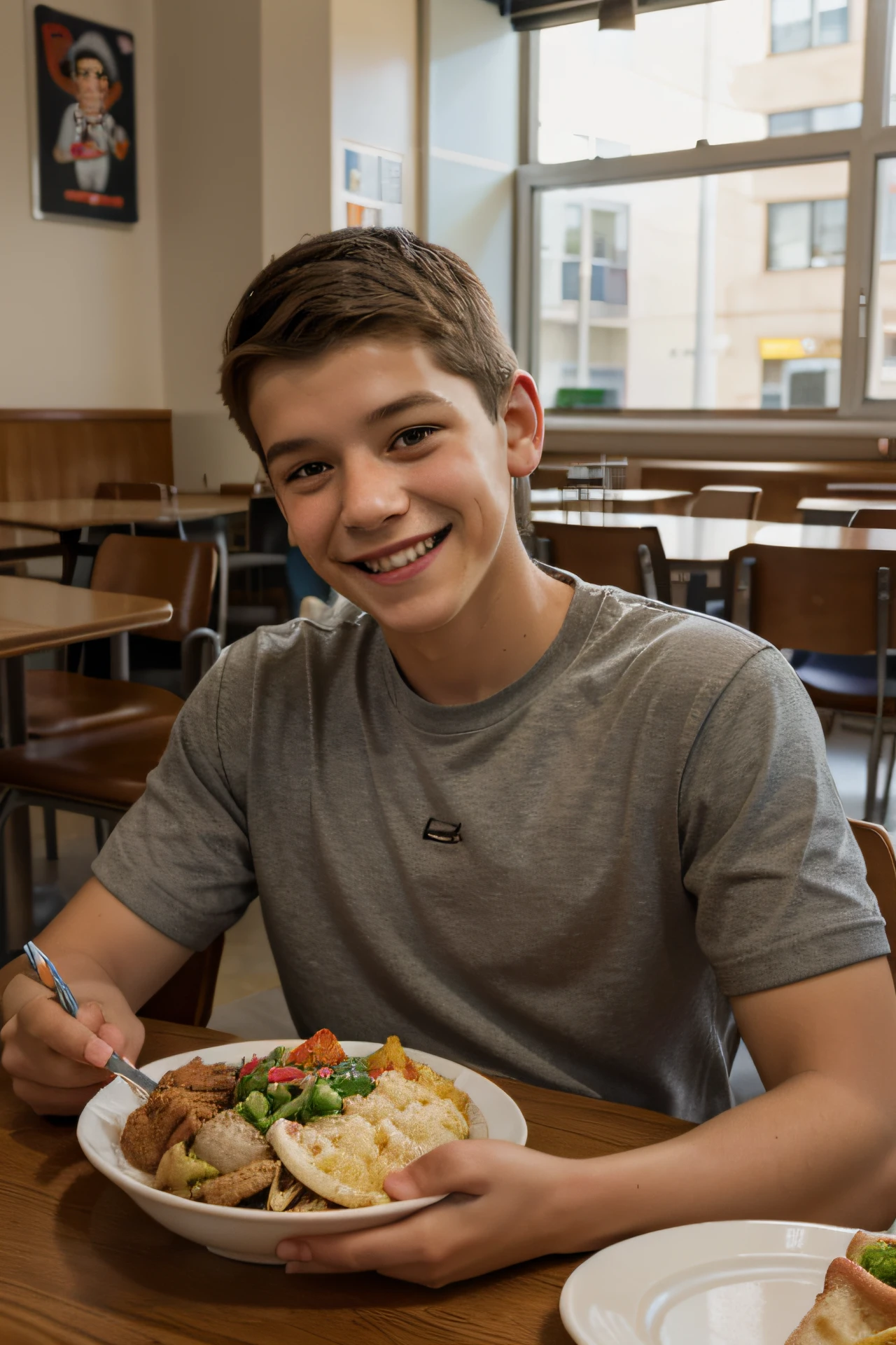 Lucas smiling 5-year-old human boy with his faithful schnauzer, dining in the cafeteria, illustration,over-detailed, realistic:1.37, professional, bright colors, portraits, warm color tones, soft lighting