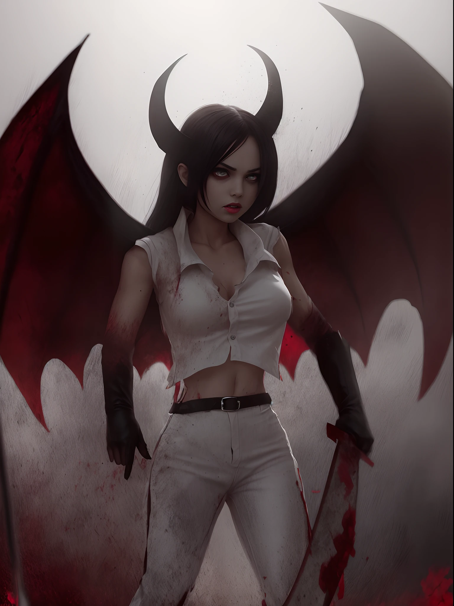 Full body a girl motion, Devil girl with bat wing,blood mouth,angry eyes,holding a blood big iron sword, white shirt black pants,grass background tree