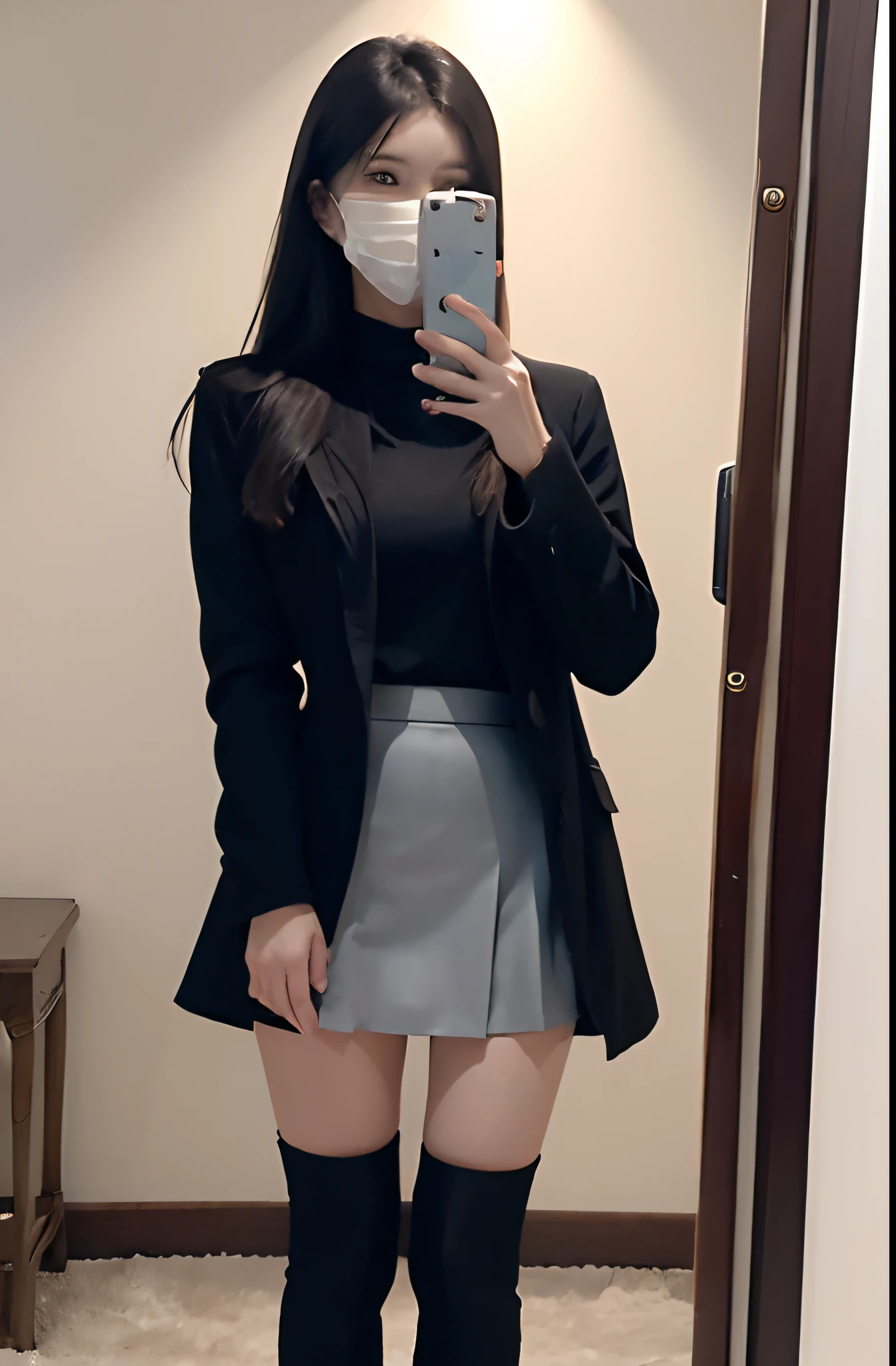 Mirror in the room,long leges,blackstockings,skirt suit,boots,Sweaters,best qualtiy,tmasterpiece,超高分辨率,(真实感:1.4),RAW photogr,Photorealistic、Photography、masutepiece、top-quality、high resolution, delicate and pretty、face perfect、Beautiful detailed eyes、Fair skin、Real human skin、pores、((Thin legs))、(Dark hair(perfect bodies:1.1),long whitr hair,(dynamicposes),((Dynamic background((volumettic light:1.3)),coat large,a skirt,Bare-legged artifact,Boots,fully body photo,standing straight,Take a selfie with your phone over your face