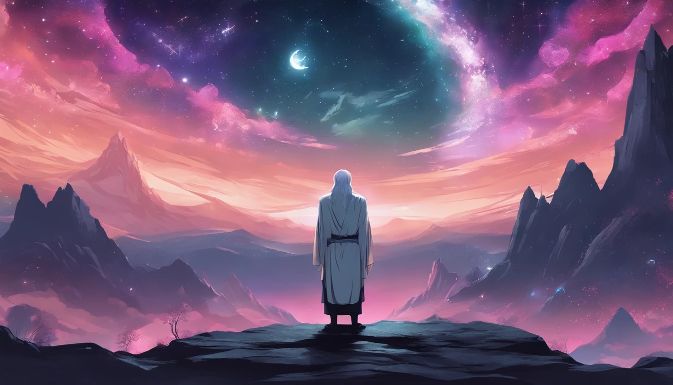 Facing the audience, full body meditation posture, hands on thighs, 50-year-old Asian middle-aged wise man meditates with eyes closed, peaceful look, meditates, has white long beard, cross-legged meditates, wears white grey robe, , the entire Milky Way starry sky, majestic, starlight rising, in the center, facing the camera, very bright colors, light particles, glowing with light, Mshiv, wallpaper art, ultra high definition wallpaper