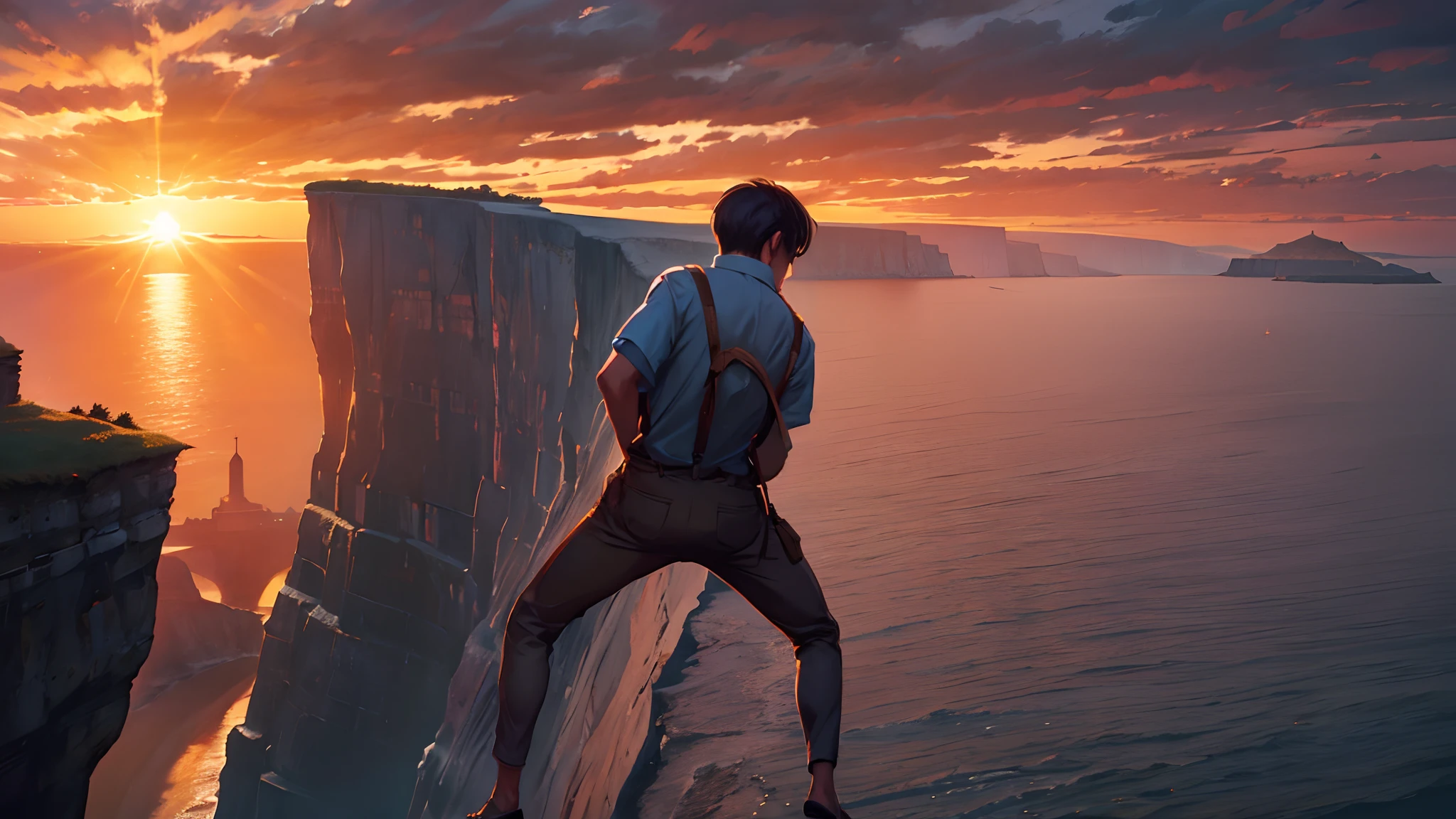 the sunset，eventide，Suspenders，There are cliffs in front，Feet on the ground