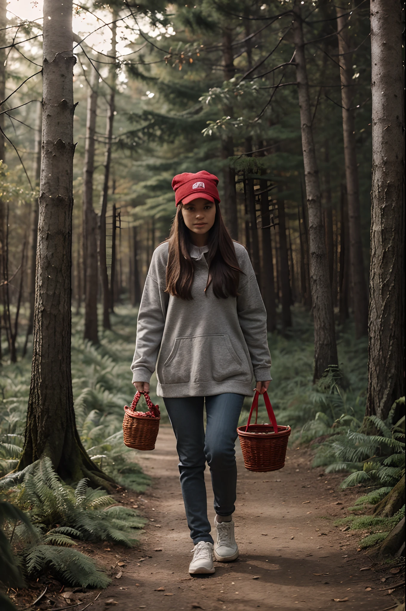 A girl in a red cap with a basket in her hands is walking through the forest, and a gray wolf meets her