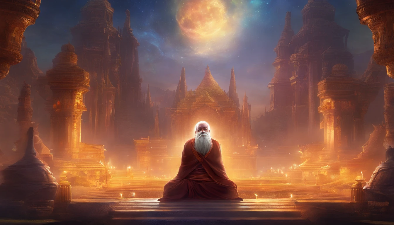 An old monk sits,Extremely old monk,(Pray in a lotus pose),Buddhist monk meditation, (front view),front angle,Big light,hinduism,Beautiful image,epic cinematic shot,Ultra photo realsisim,8K