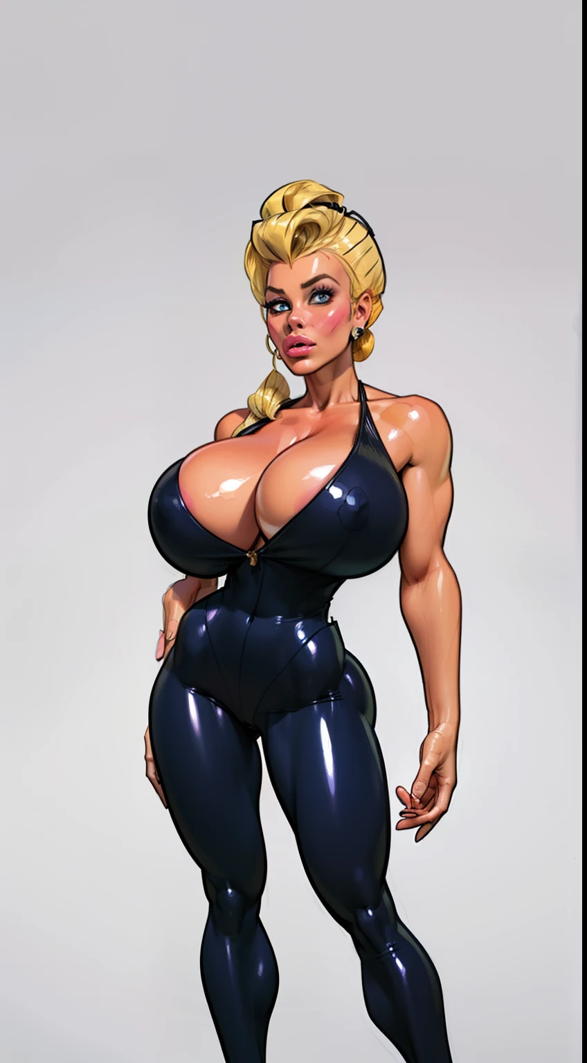 ((masterpiece)),(((best quality))), ((character design sheet:1.4)), ((full body view)) illustration,1girl, muscular, (( dark business suit:1.5)), bubbles, (((Womens Pompadour hairstyle:1.4))), ((light blonde hair:1.4)), blue suit ((detailed face:1.4)) ((gigantic breasts:1.6)), (latex pants), ((cleavage)), beautiful woman, shiny skin, (thick legs), scribbles and marks, rough sketches, pose, 8k,16k, (simple background, white background: 1.3)