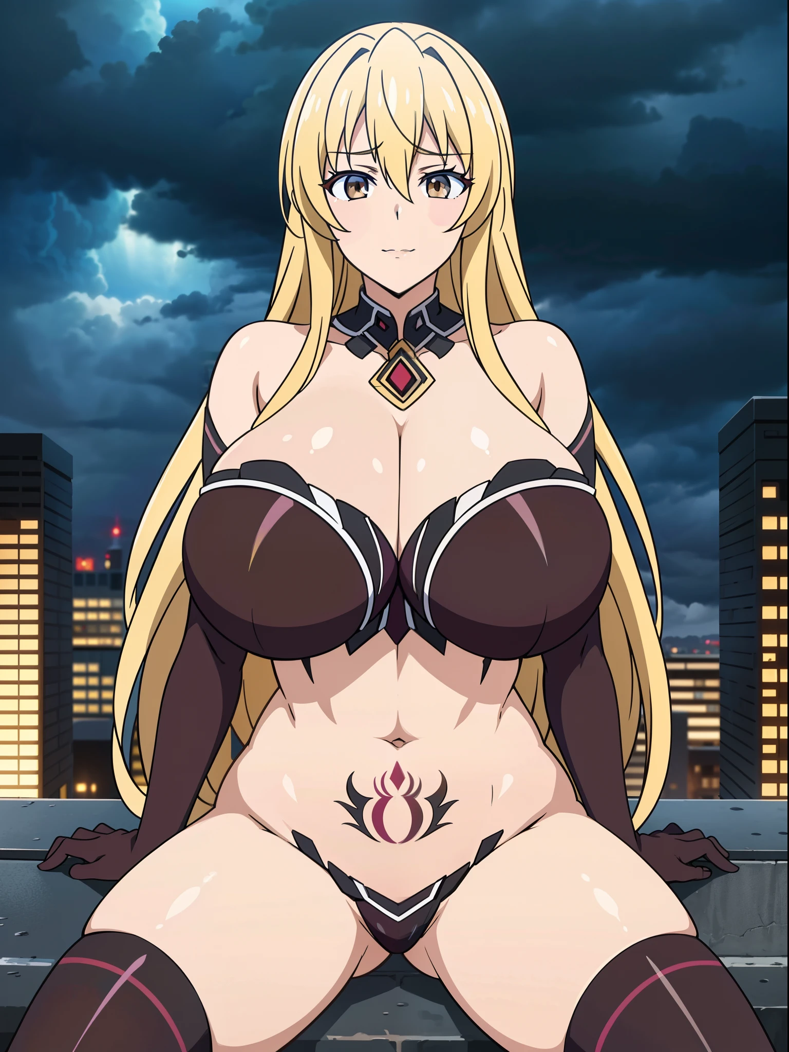 masterpiece, best quality, extremely detailed, anime, 1girl, mature female, solo, seriarna, (huge breasts:1.3), (((blonde hair, long hair, brown eyes))), parted lips, (((outfit-cf, pubic tattoo, elbow gloves, black gloves, strapless bottom, thighhighs))), ((naughty face), closed mouth), ((sitting on the rooftop, dystopian city, dark sky, storm clouds))