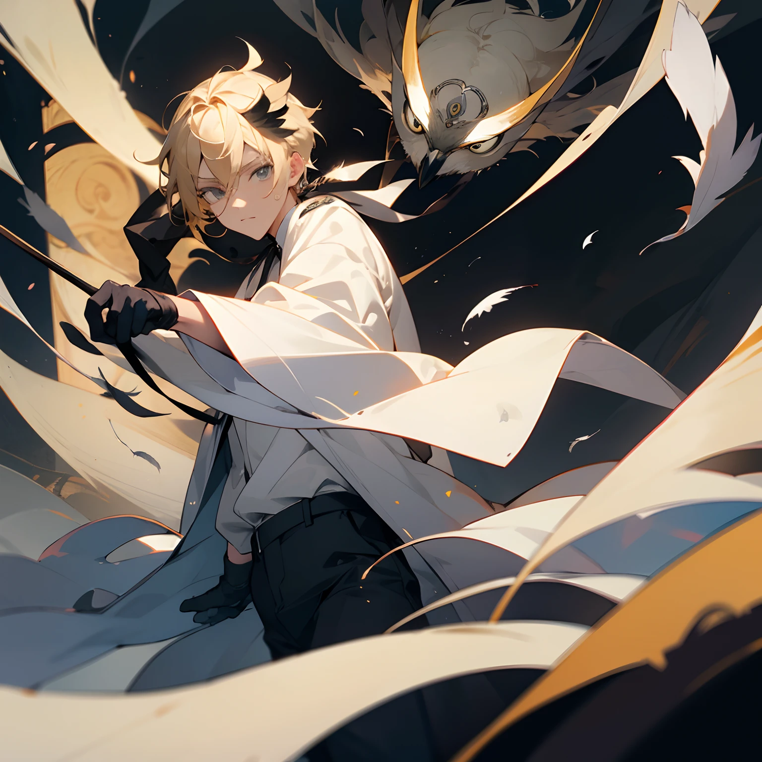 solo male, white robes, grey eyes, black pants, black gloves, owl feathers, owl mask, blonde hair, mask face, fantasy