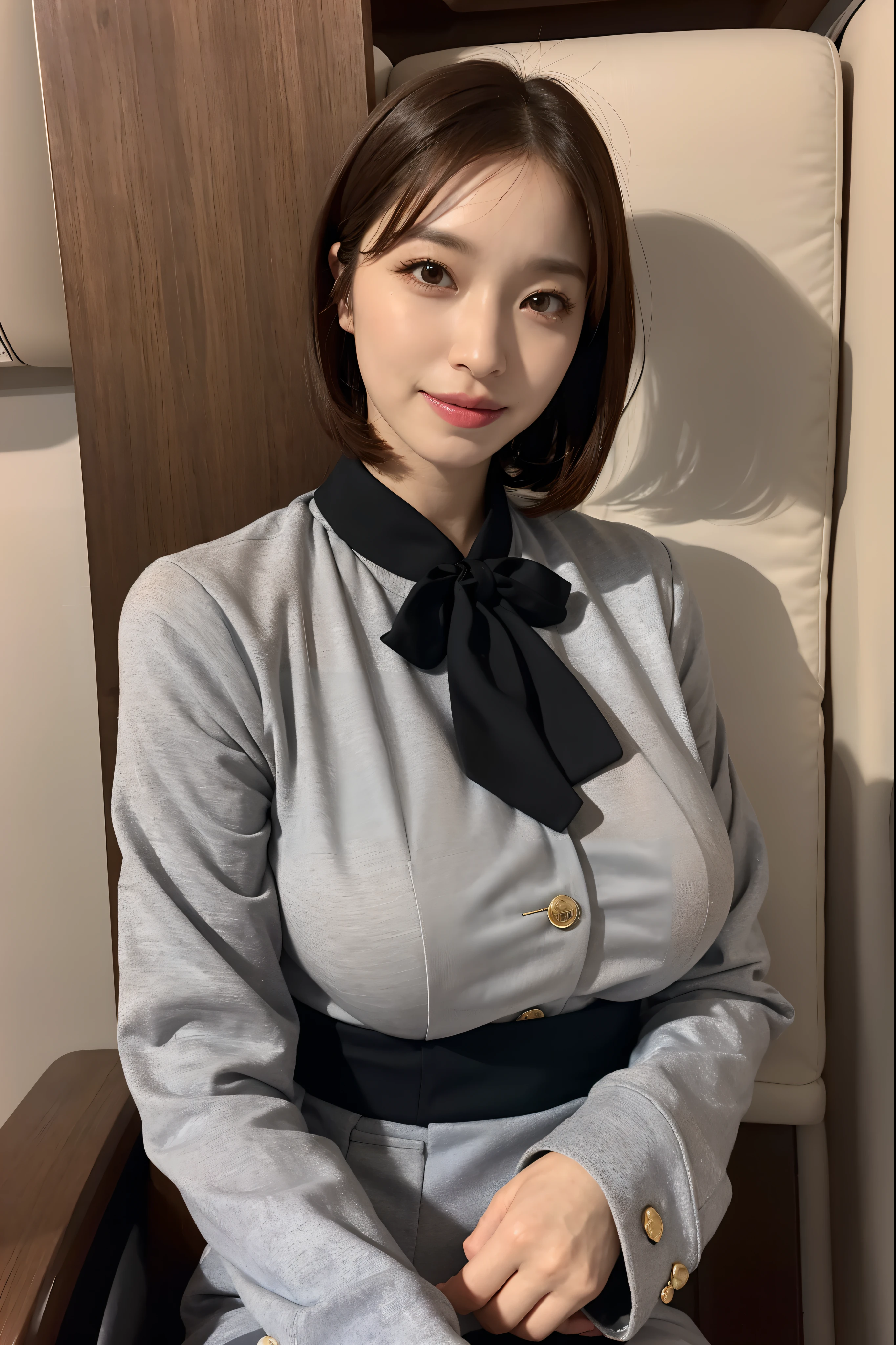 (1 Ultimate Beautiful Mature Woman), Solo, (Cabin Attendant Uniform:1.3), Smile, (fluffy brown eyes), (Beautiful face), (Black short hair), (Huge breasts:1.3), (Detailed face), Detailed lips, Detailed face, Detailed chest, detail, Perfect body, Standing, Cowboy Shot, ((Background: in an Japanese airline)), 8K, of the highest quality, Intricate details, Ultra Detail, Ultra High Resolution, masterpiece,