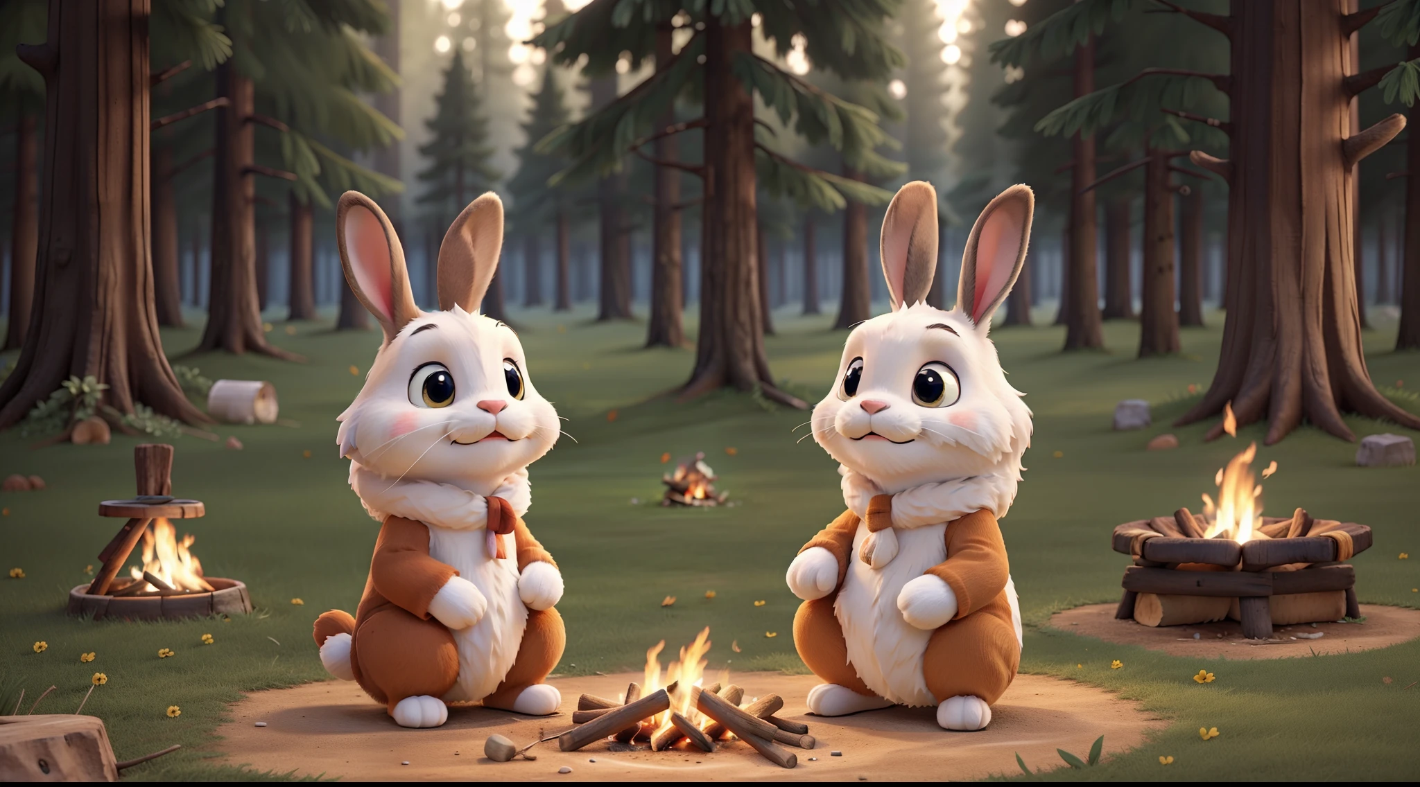 best quality, masterpiece, a cheerful rabbit beside a campfire, forest clearing, cute, fluffy, colorful, vibrant, soft tones, clean lines, natural lighting