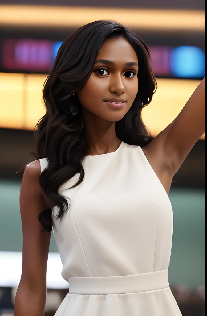 (best quality,4k,highres,masterpiece:1.2),ultra-detailed,realistic, HDR, studio lighting, vivid colors, bokeh, 1 timor black hair beauty angelar:1.3, gaunt, brown skin, slender, round nose, square jaw, wearing sleeveless pastel dress, waving to viewer inside airport, medium shot