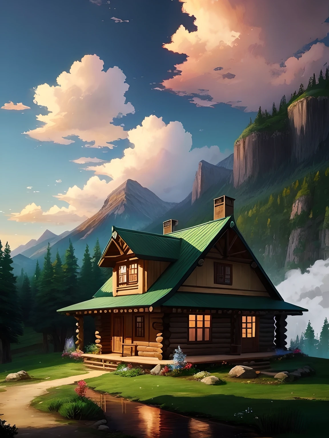 Log cabin Elebada, Anime-style fantasy cabin, paisaje de estilo anime isekai medieval con magia, Beautiful meadow with family cabin