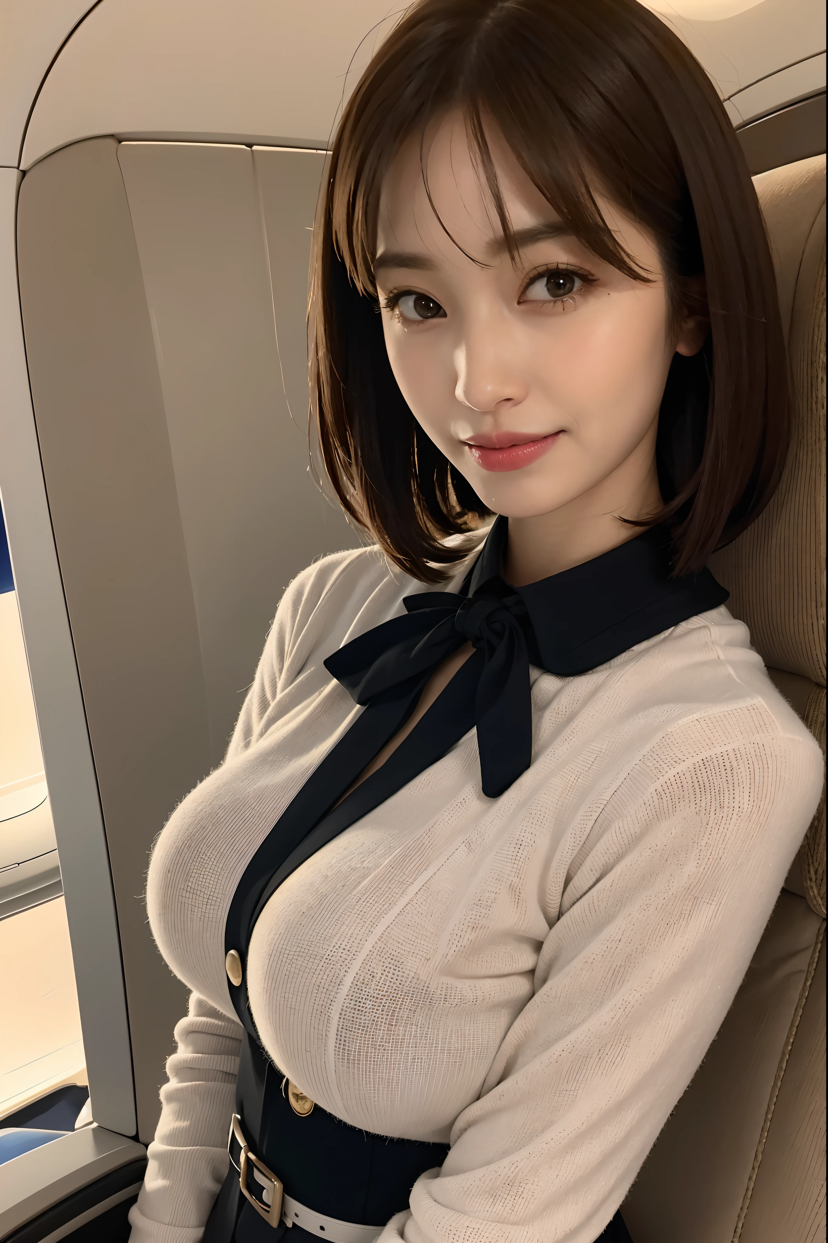 (1 Ultimate Beautiful Mature Woman), Solo, (Cabin Attendant Uniform:1.3), Smile, (fluffy brown eyes), (Beautiful face), (Black short hair), (Huge breasts:1.3), (Detailed face), Detailed lips, Detailed face, Detailed chest, detail, Perfect body, Standing, Cowboy Shot, ((Background: in an Japanese airline)), 8K, of the highest quality, Intricate details, Ultra Detail, Ultra High Resolution, masterpiece,