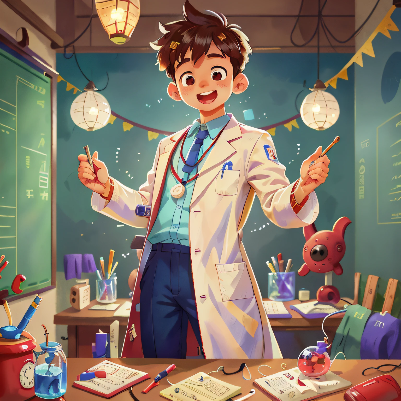 wearing a lab coat、A young man、The scholar、lab room、perfectquality、Clear focus (Clutter-Home:0.8)、(masterpiece:1.2) (realisitic:1.2) (bokeh dof) (top-quality) (detailed skins:1.3) (intricate-detail) (8K) (Eye of Detail) (foco nítido), (Happiness)