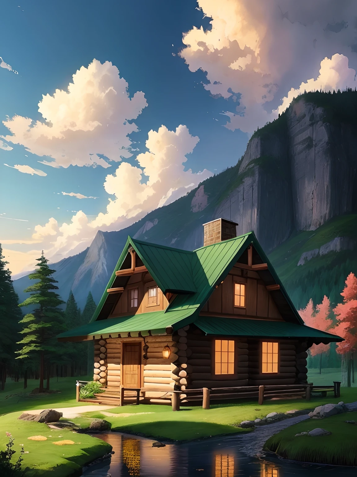 Log cabin Elebada, Anime-style fantasy cabin, paisaje de estilo anime isekai medieval con magia, Beautiful meadow with family cabin