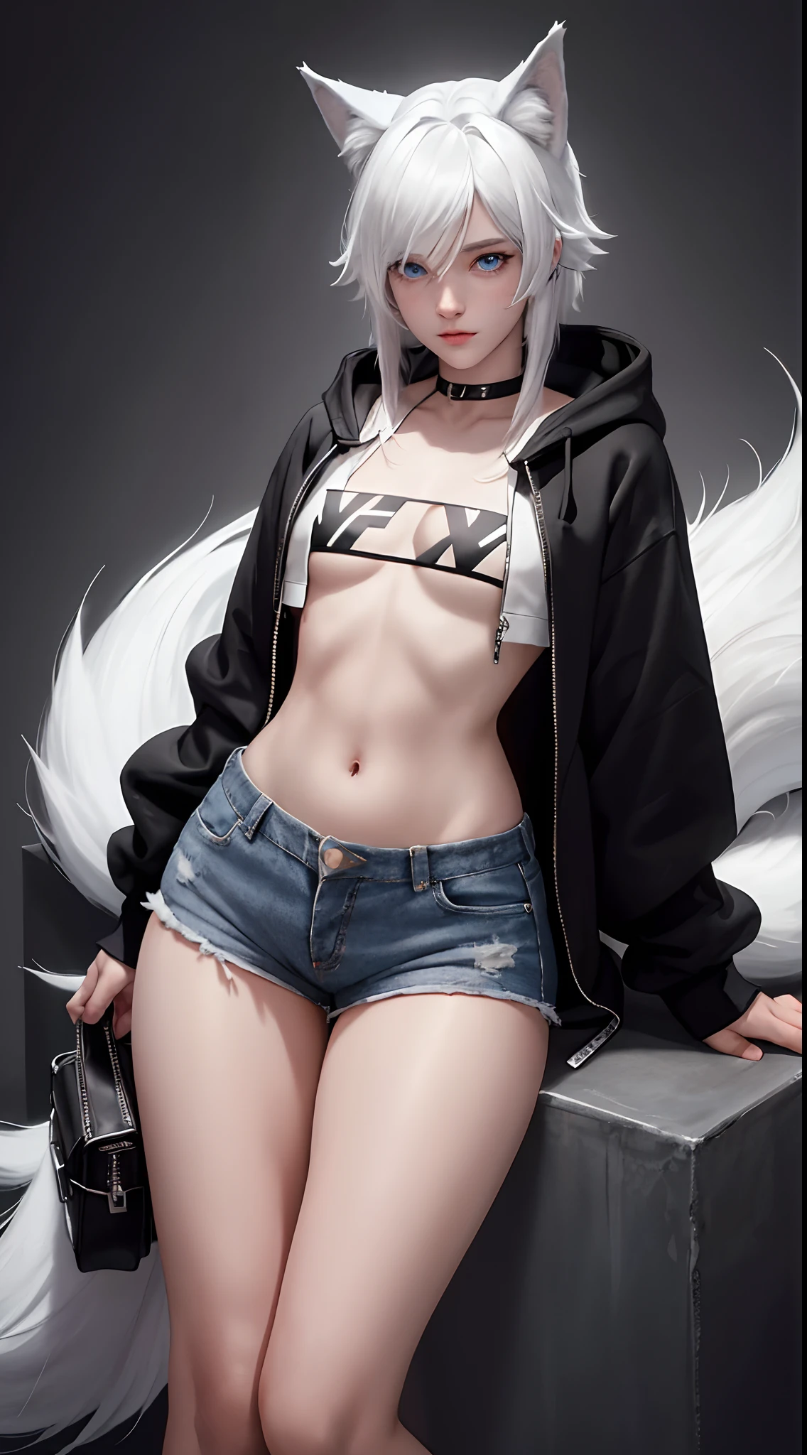 Single boy, Anime Femboy, Short, Long white hair, wolf ears, wolf tail, blue eyes, wearing jean short shorts, thigh high socks, black combat boots, wearing cropped black hoodie, flat chest, super flat chest, solo femboy, only one femboy ((FLAT CHEST)), wide hips, thicc thighs, happy, nice butt, lobo written on hoodie, bent over